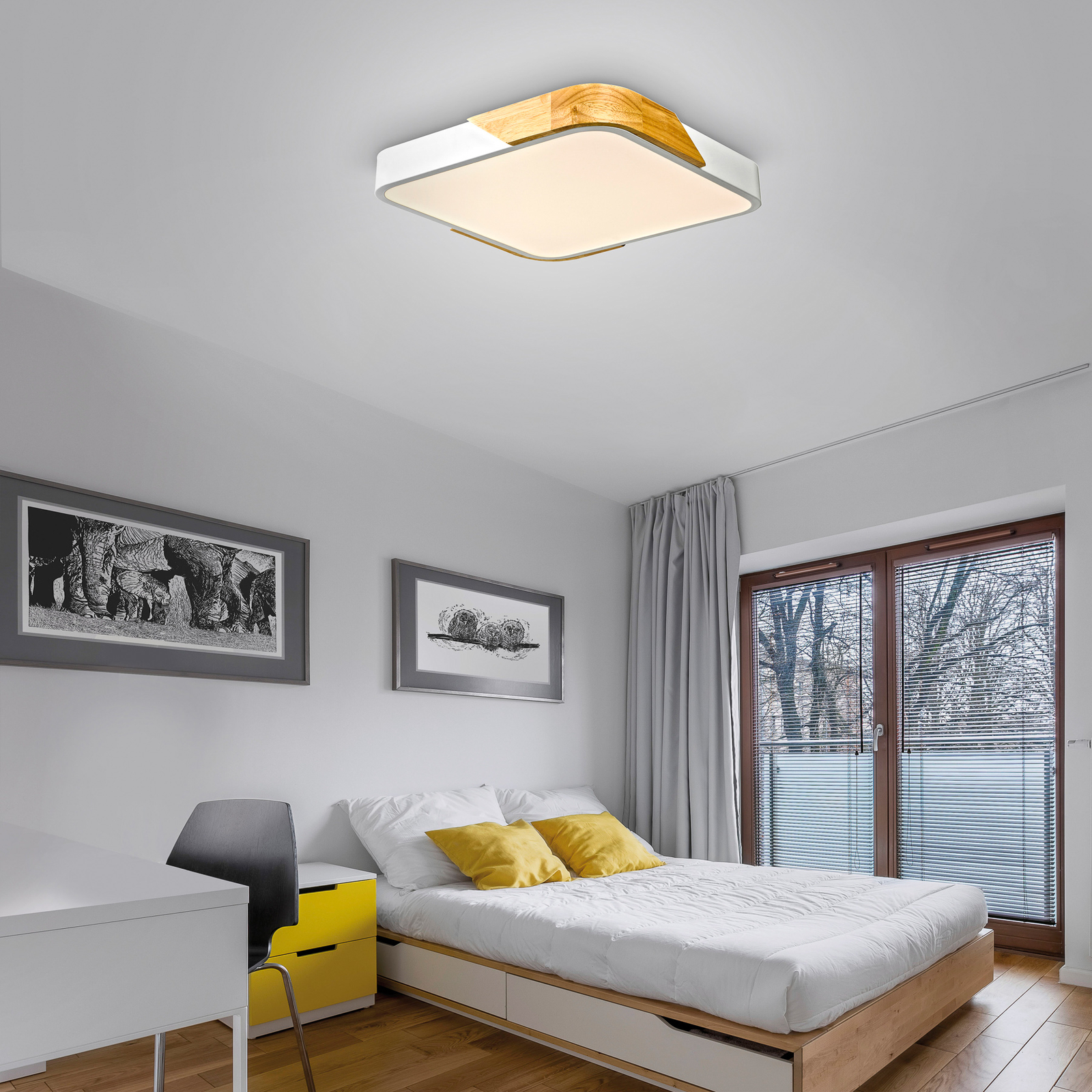 JUST LIGHT. Candeeiro de teto LED Bila, branco, 32x32 cm, madeira
