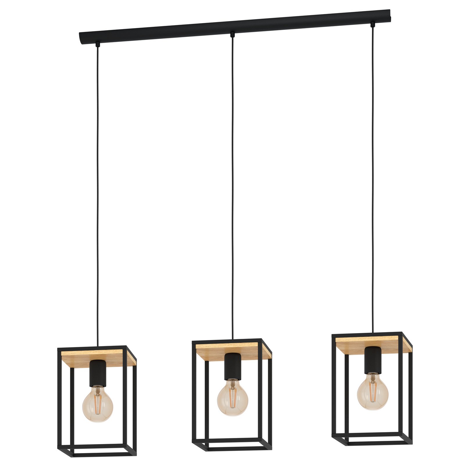 Suspension Libertad, longueur 88 cm, noir/bois, 3 lampes