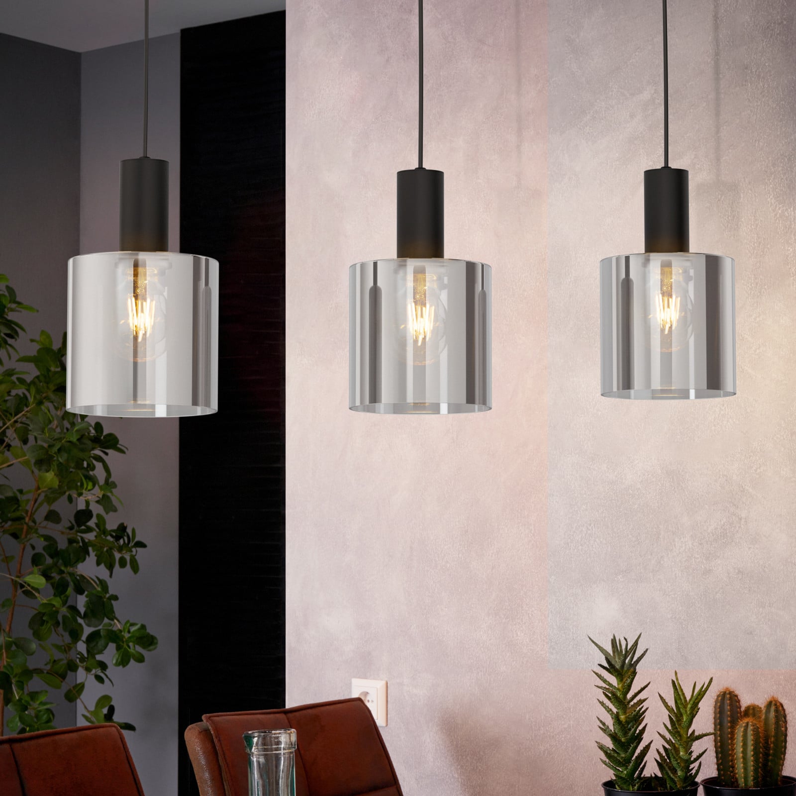 EGLO Lampă suspendată Gorosiba negru lungime 85 cm oțel/glass 3 becuri - Camera de zi / sufragerie - negru negru-transparent - Sticlă