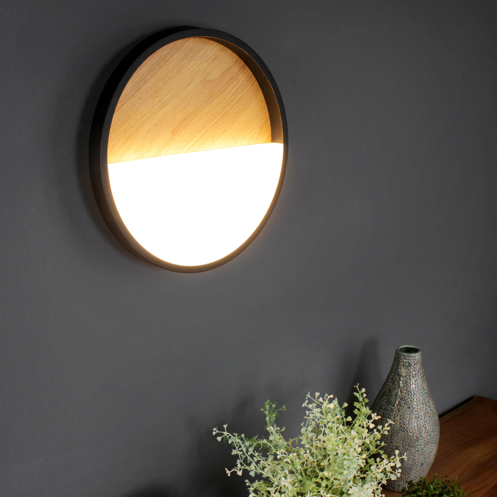 Candeeiro de parede Vista LED, madeira clara/preto, Ø 30 cm