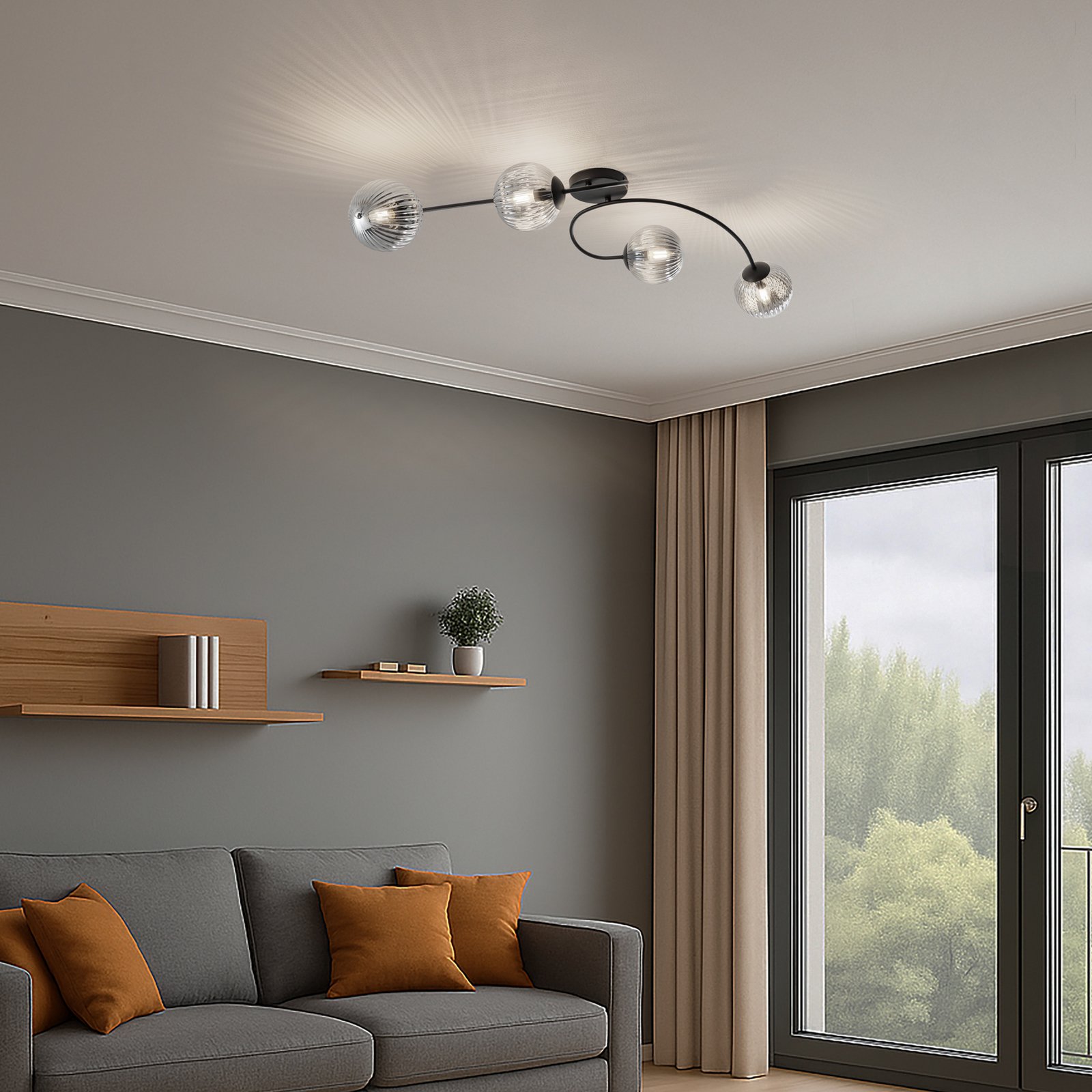 Plafoniera Vibra, grigio fumo/nero, lunghezza 110 cm, a 4 luci.