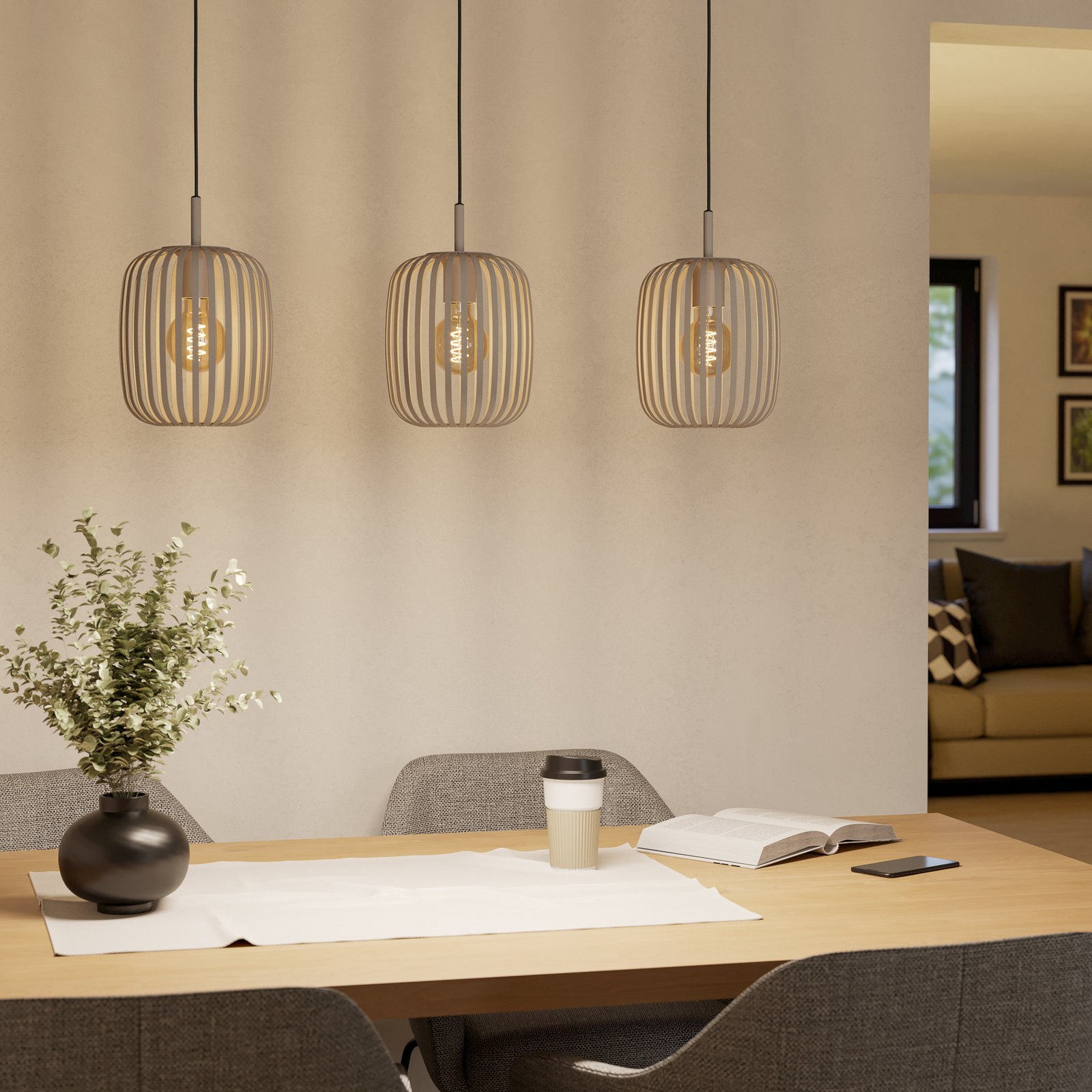 Lámpara colgante Romazzina, beige, longitud 90 cm, 3 luces, metal