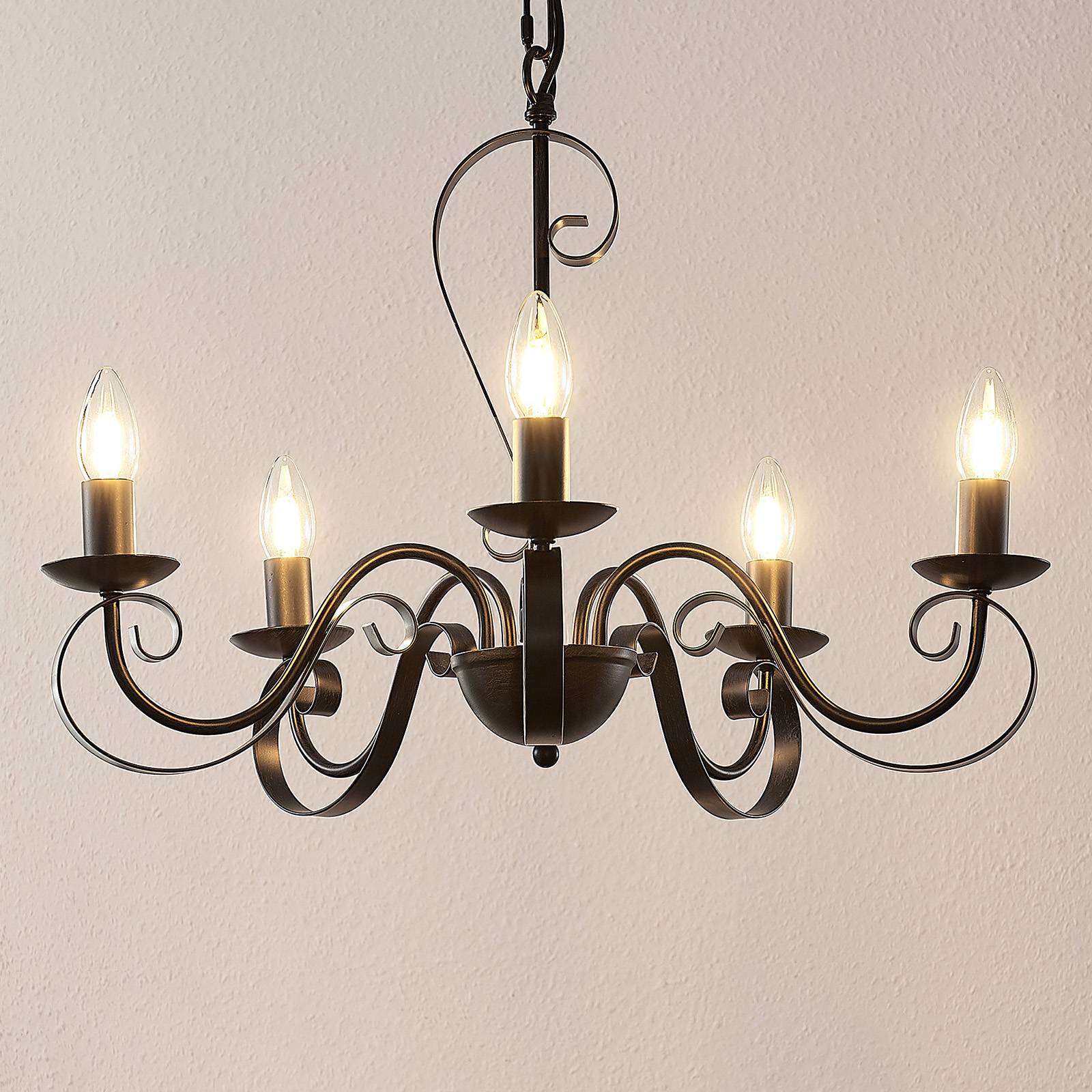 Lindby Shervan chandelier, 5-bulb, brown, for Living / Dining Room, metal, E14, 40 W, energy efficiency: A++, H: 38 cm