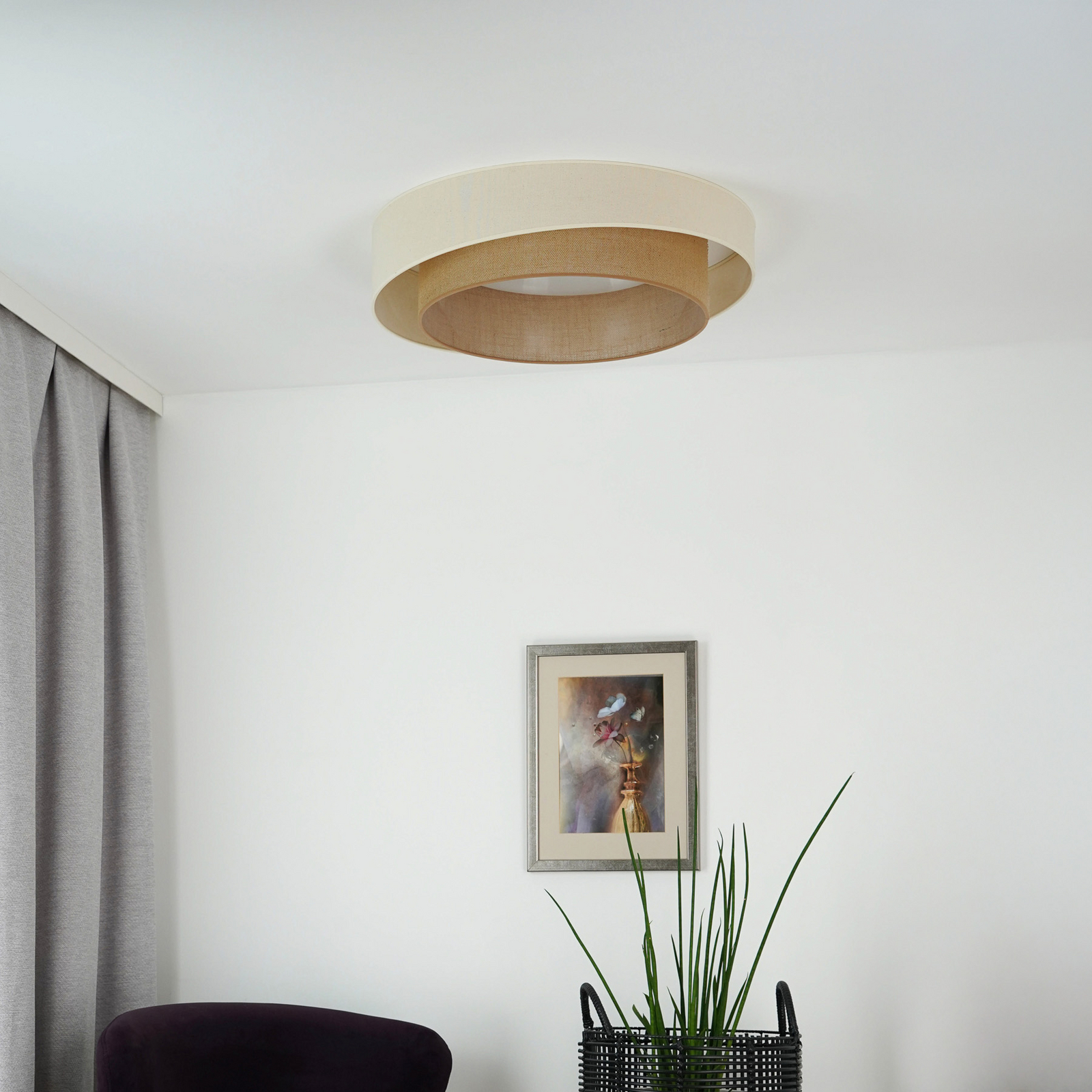 LED griestu gaisma Luneta S, džuta, smilškrāsas/brūnā krāsā, Ø 60 cm, 3 pakāpju