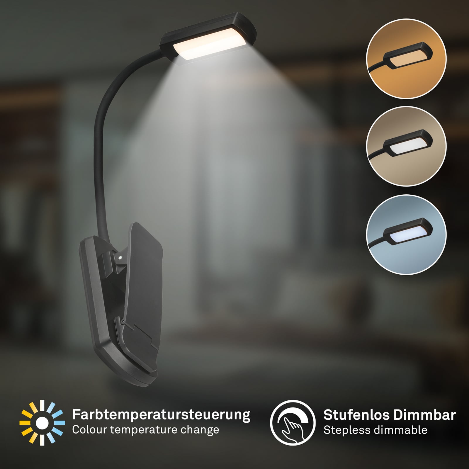 LED-Akku-Klemmleuchte Taru, schwarz, CCT, Touchdimmer LED-Akku-Klemmleuchte Taru, schwarz, CCT, Touchdimmer