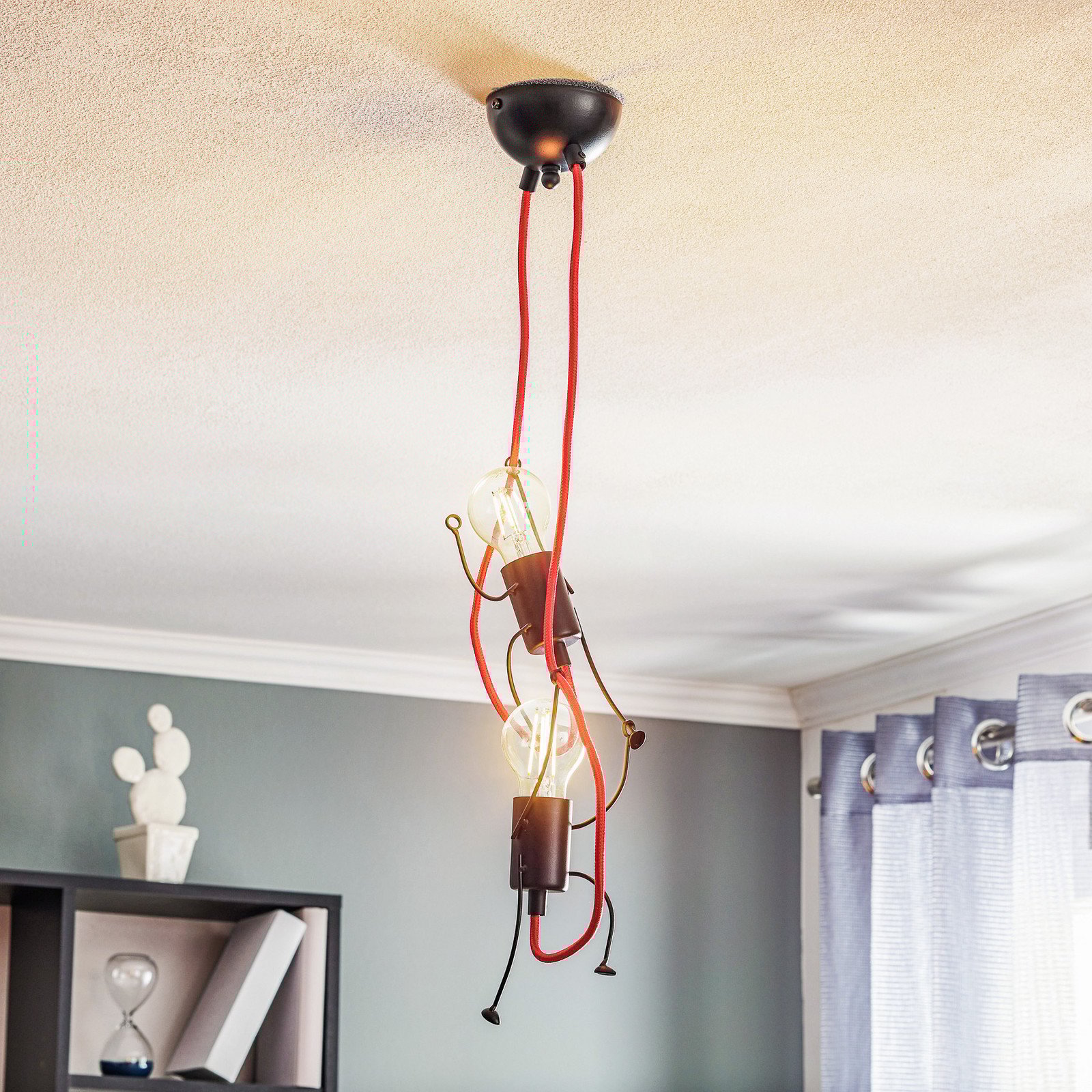 EMIBIG LIGHTING Lampă suspendată Bobi 2 în negru cablu roșu 2 becuri. - Camera de zi / sufragerie - Modern - negru roșu - Metal