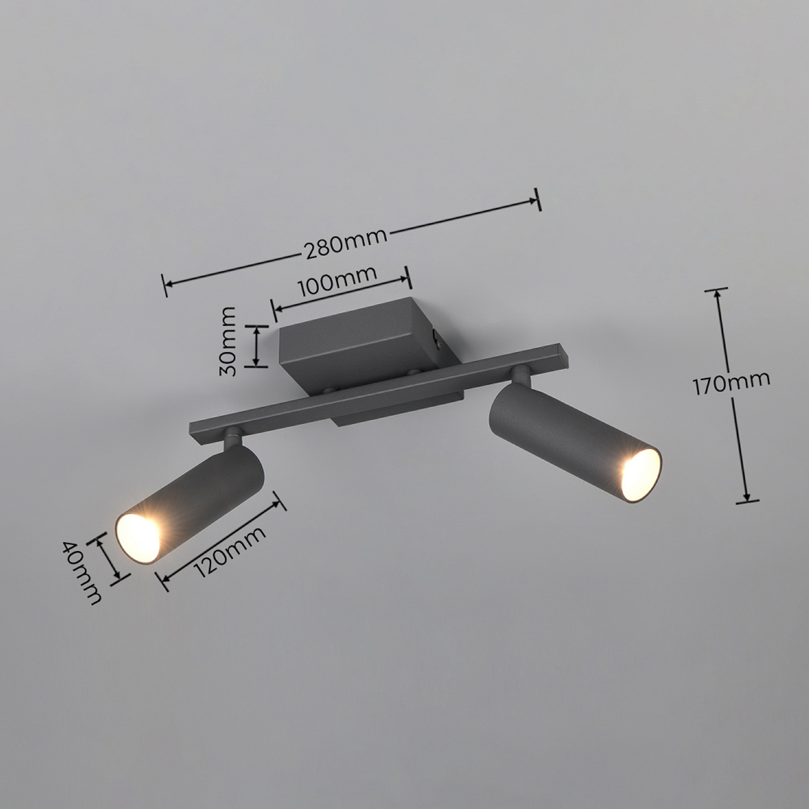Faretto da soffitto Dara, lunghezza 28 cm, antracite, metallo, a 2 luci. Faretto da soffitto Dara, lunghezza 28 cm, antracite, metallo, a 2 luci.