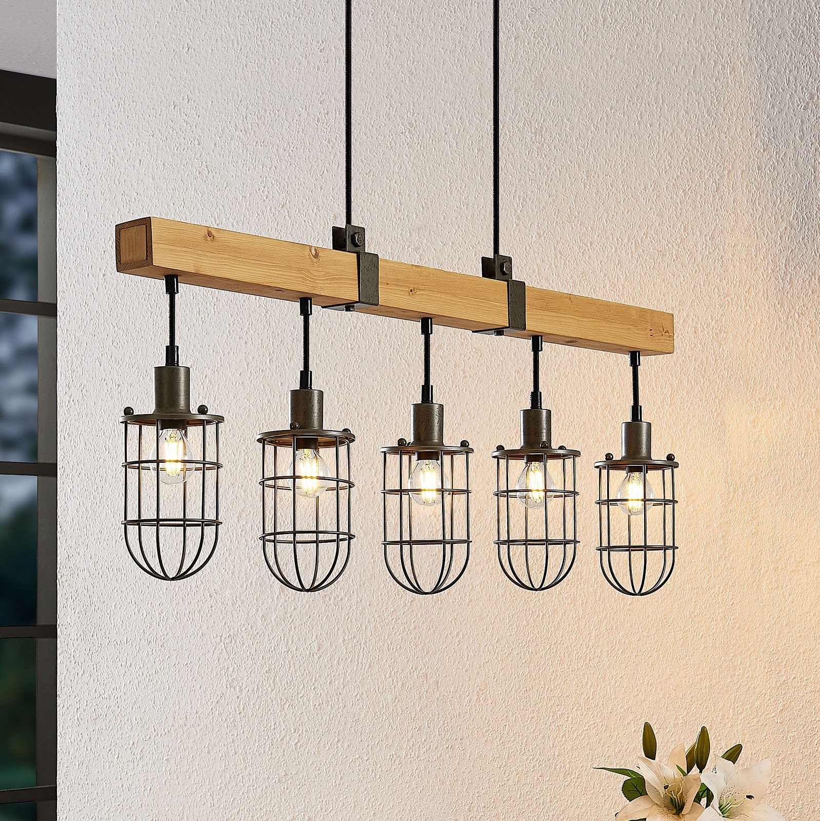 Lindby Serima lampă lemn 5 abajururi colivie - Camera de zi / sufragerie - Vintage - gri închis lemn deschis - Metal