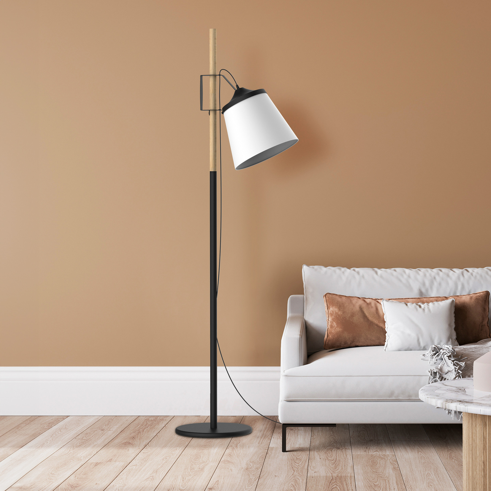 Aluminor Woody lampa stojąca, czarna/biała/drewno