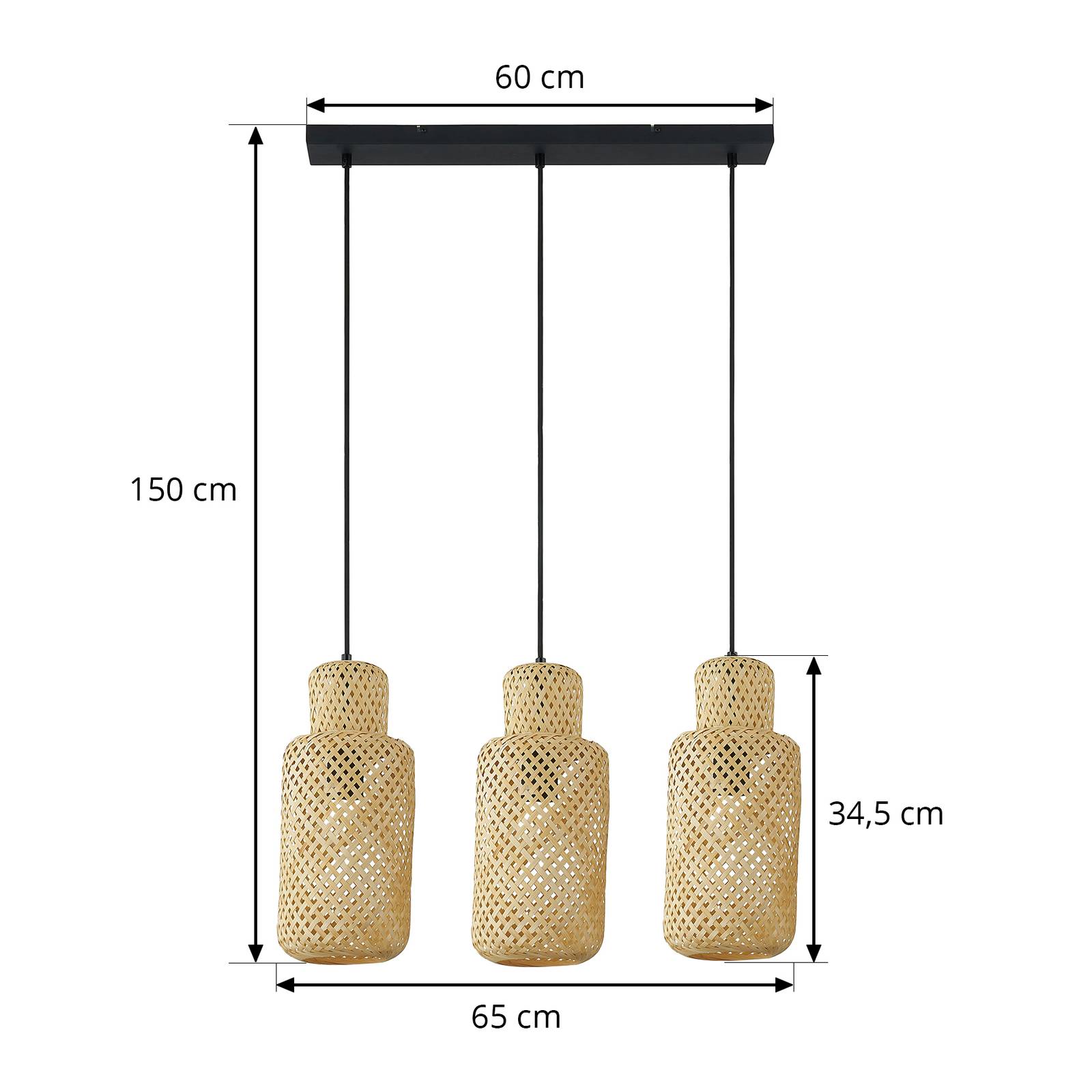 Lampa wisząca Lindby Venora, podłużna, 3-punktowa, 15 cm, bambus