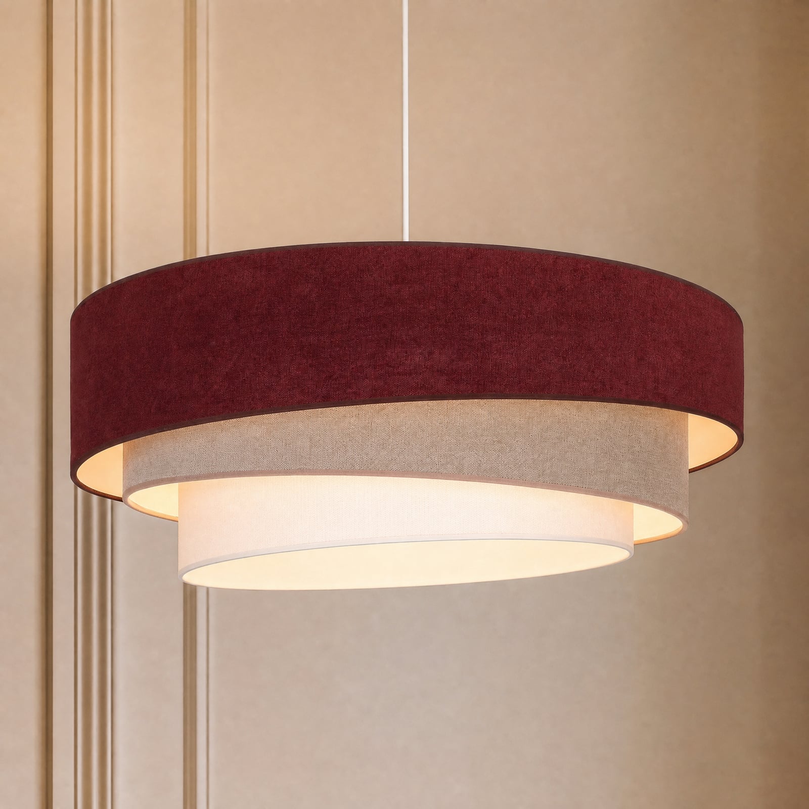 Lampada a sospensione Trio, rosso scuro/beige, Ø 60 cm, tessuto, E27 - Duolla Lampada a sospensione Trio, rosso scuro/beige, Ø 60 cm, tessuto, E27 - Duolla
