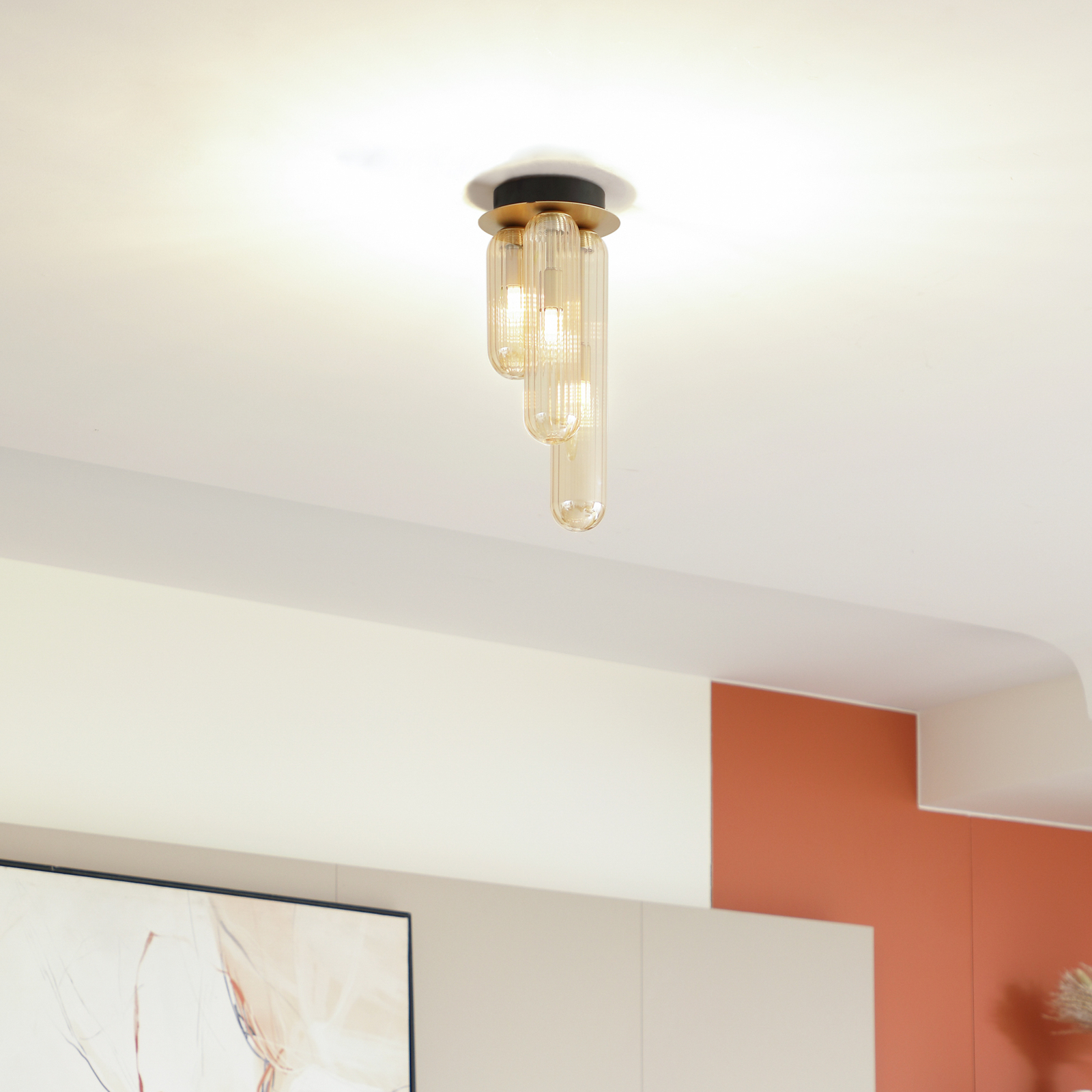 Lucande Freylin ceiling light, 3-bulb, amber, glass, 15 cm