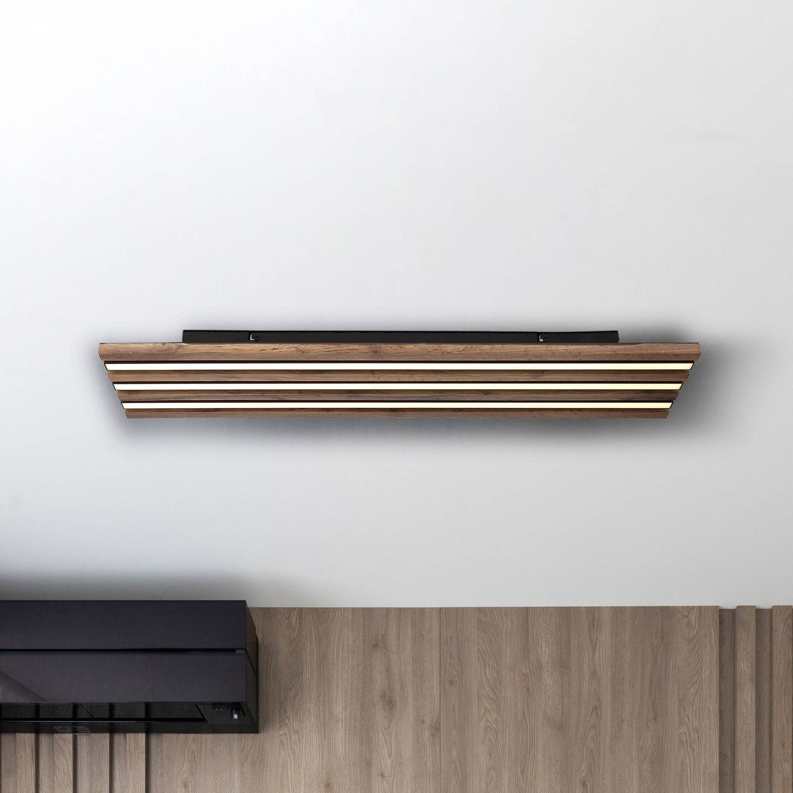 LED-Deckenlampe Hayden, Länge 80 cm, schwarz/holz dunkel