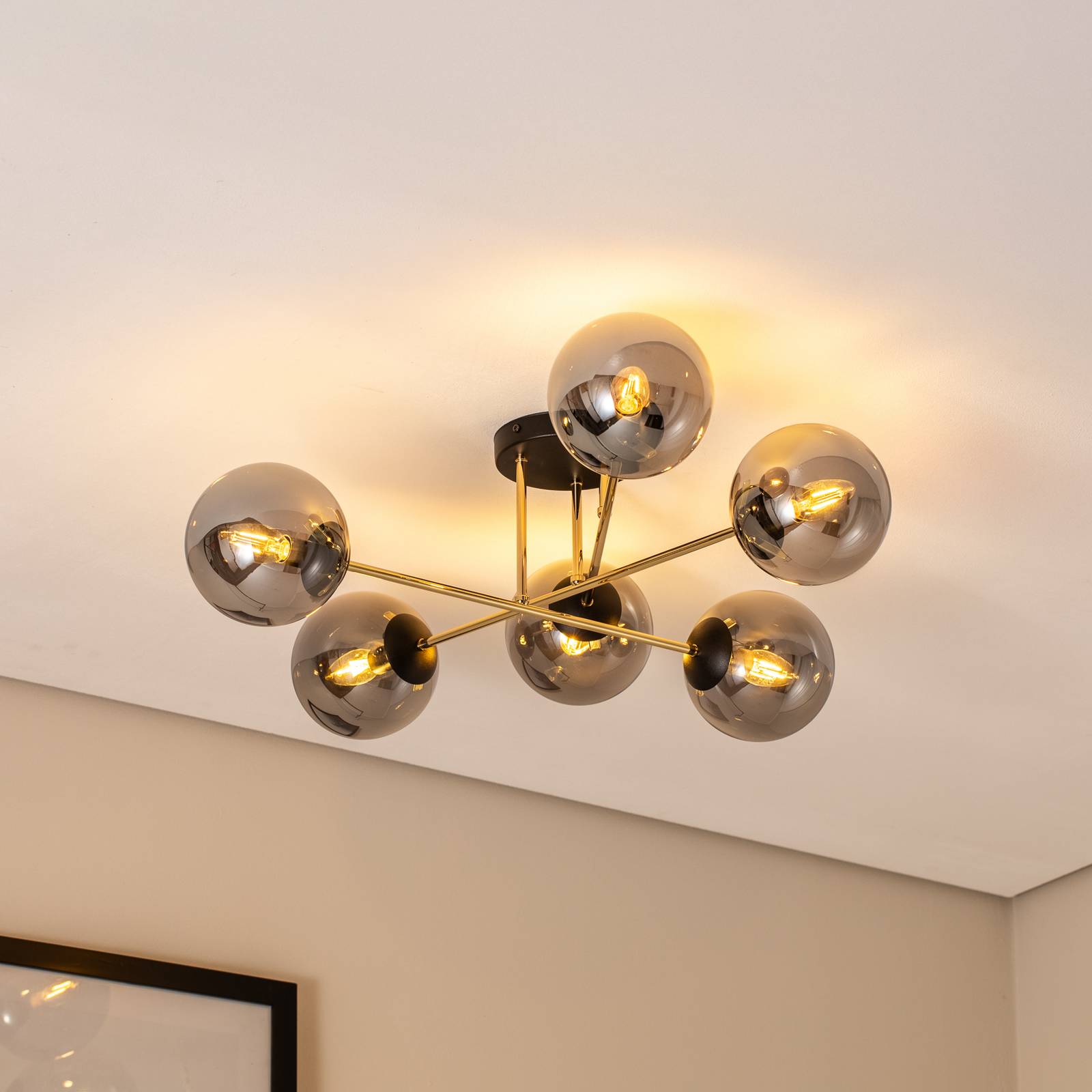 Lampa sufitowa Glassy, 6-punktowa, czarna/złota/grafitowa