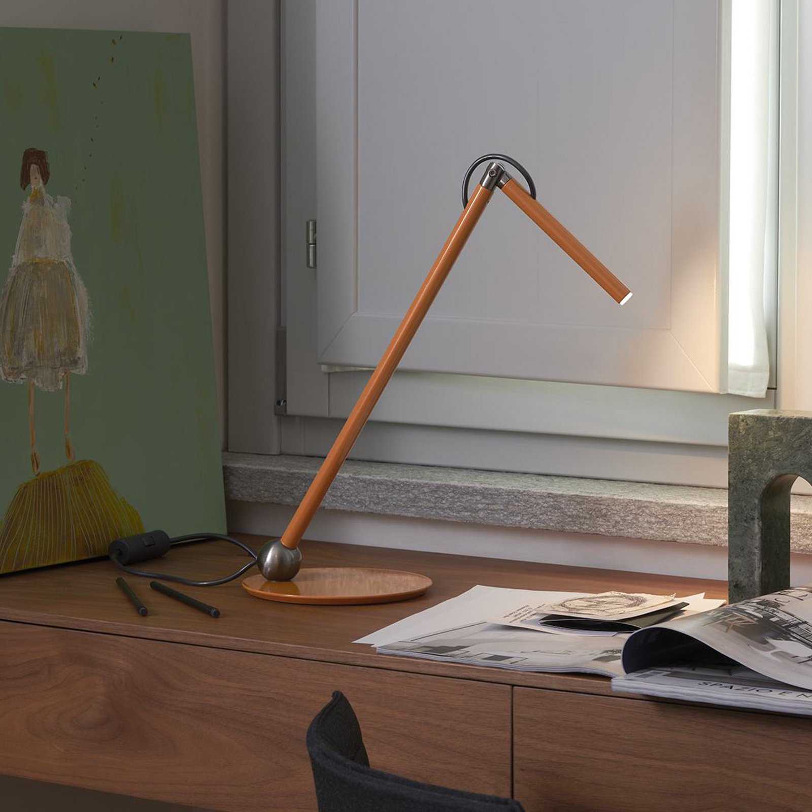 Oluce LED table lamp Calamaio, mustard yellow, metal, height 37 cm