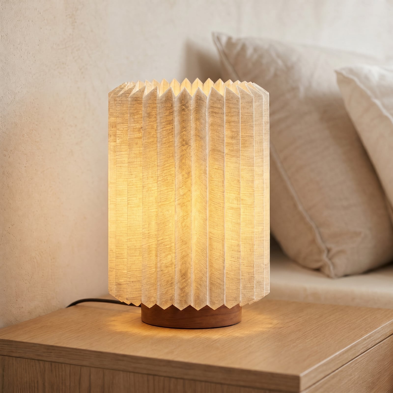 Bordlampe, valnøtt/lin, brettet, høyde 30 cm – Lindby