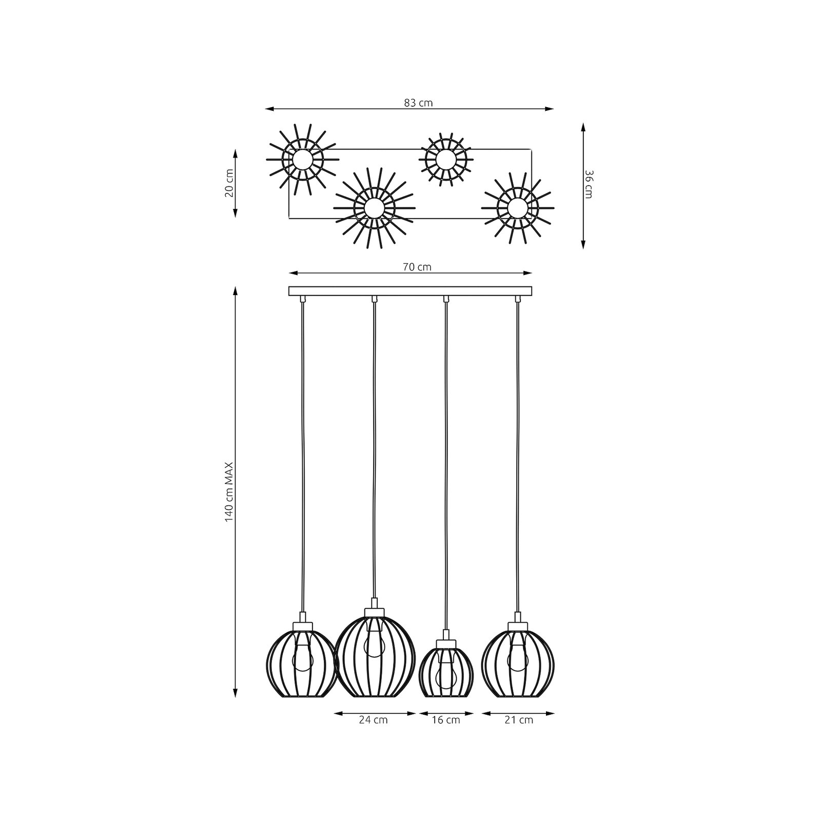 Suspension Nando, 4 lampes, 70 cm, noir, métal, E27