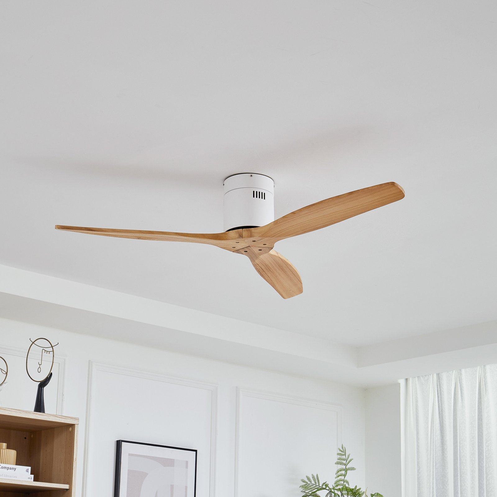 Lucande ceiling fan Vindur, white/wood, DC, quiet