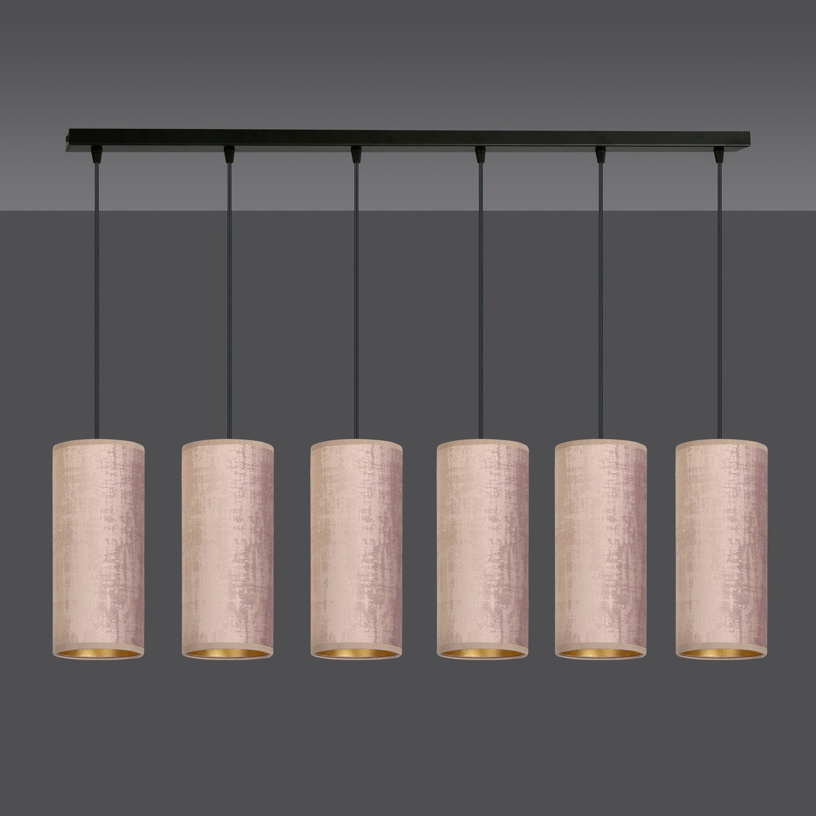 Hanglamp Joni, textiel, 6-lamps lang, rosé-goud