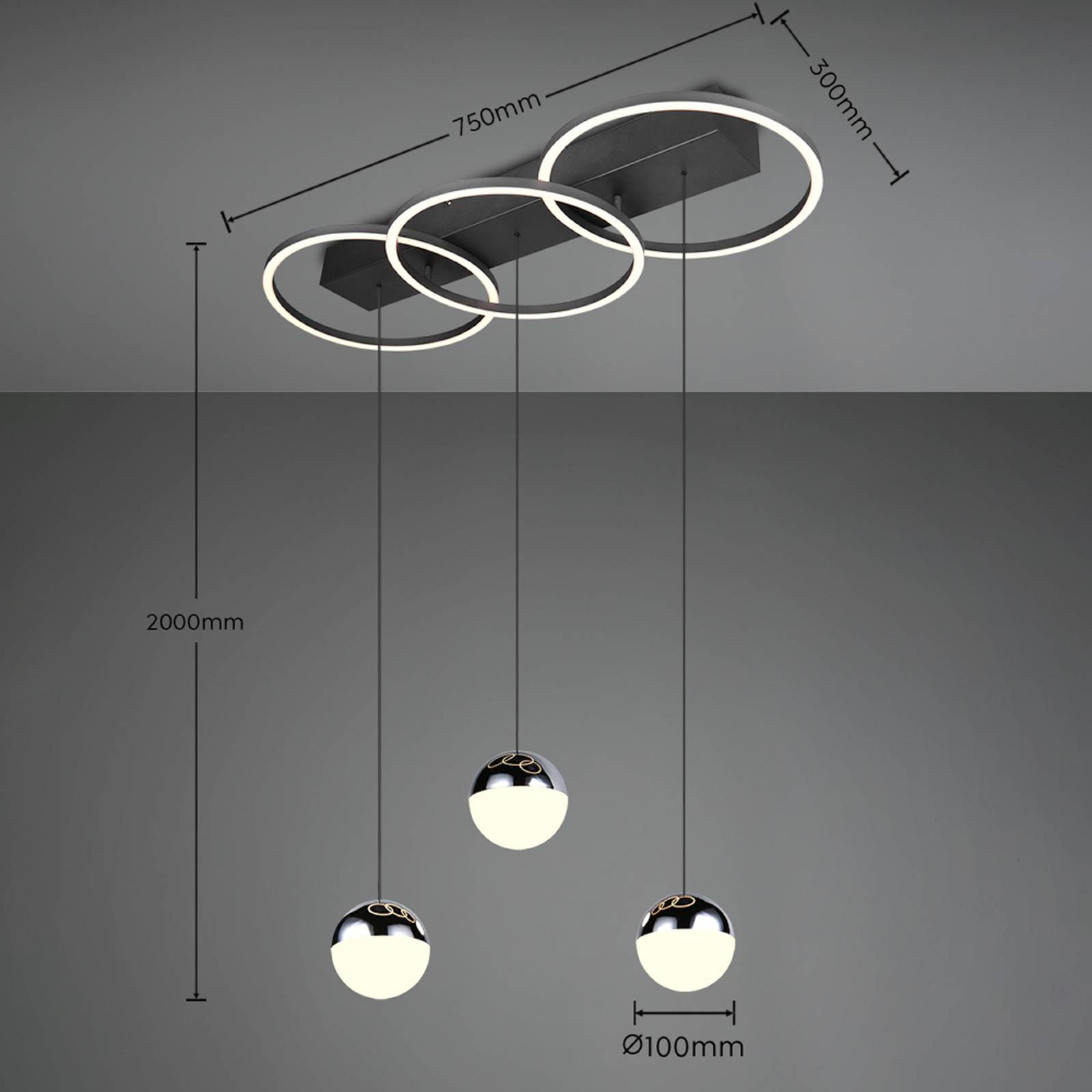 LED-pendellampe Larino lang, svart, metall, CCT, fjernkontroll