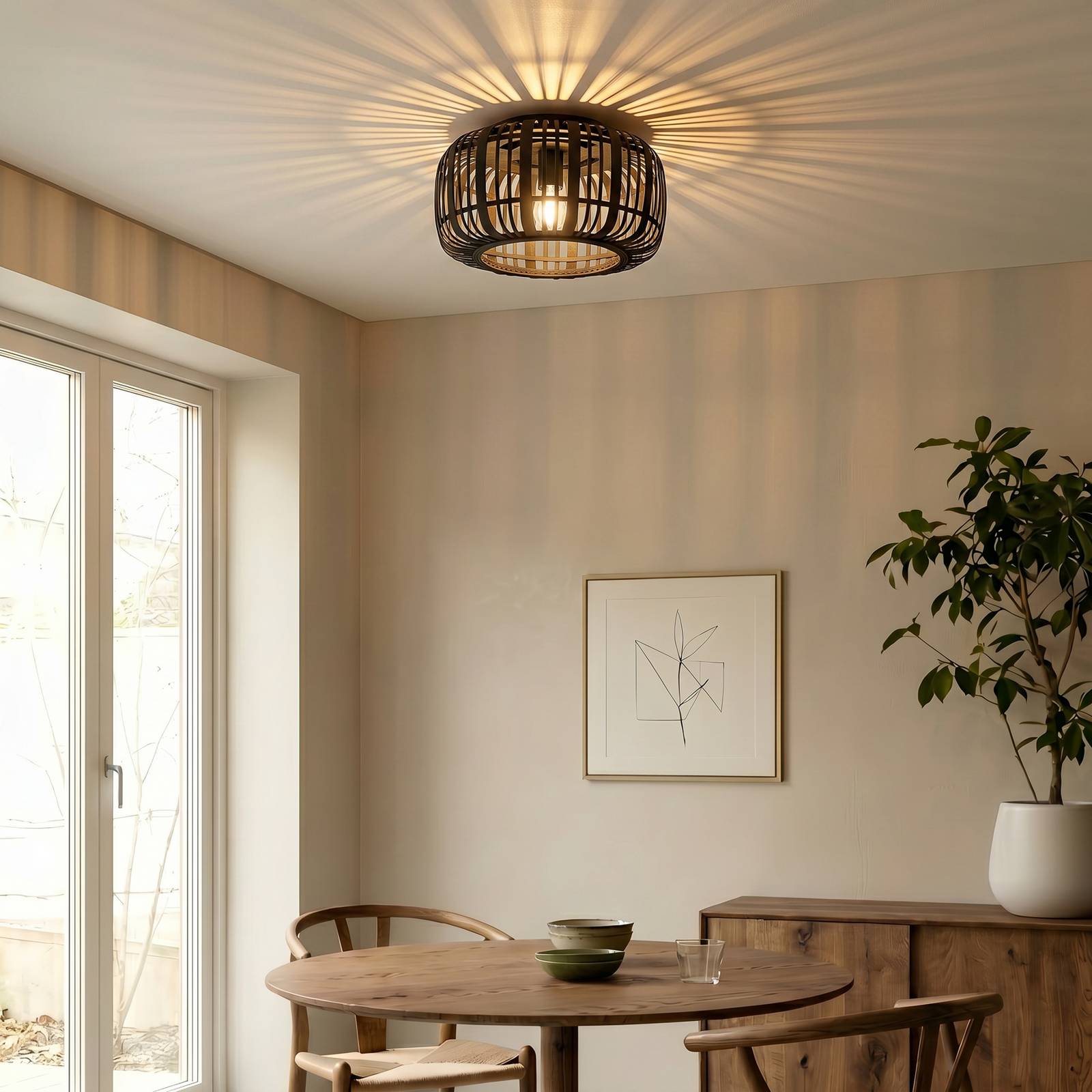 Lindby Canyana plafondlamp, zwart, rotan, Ø 40 cm