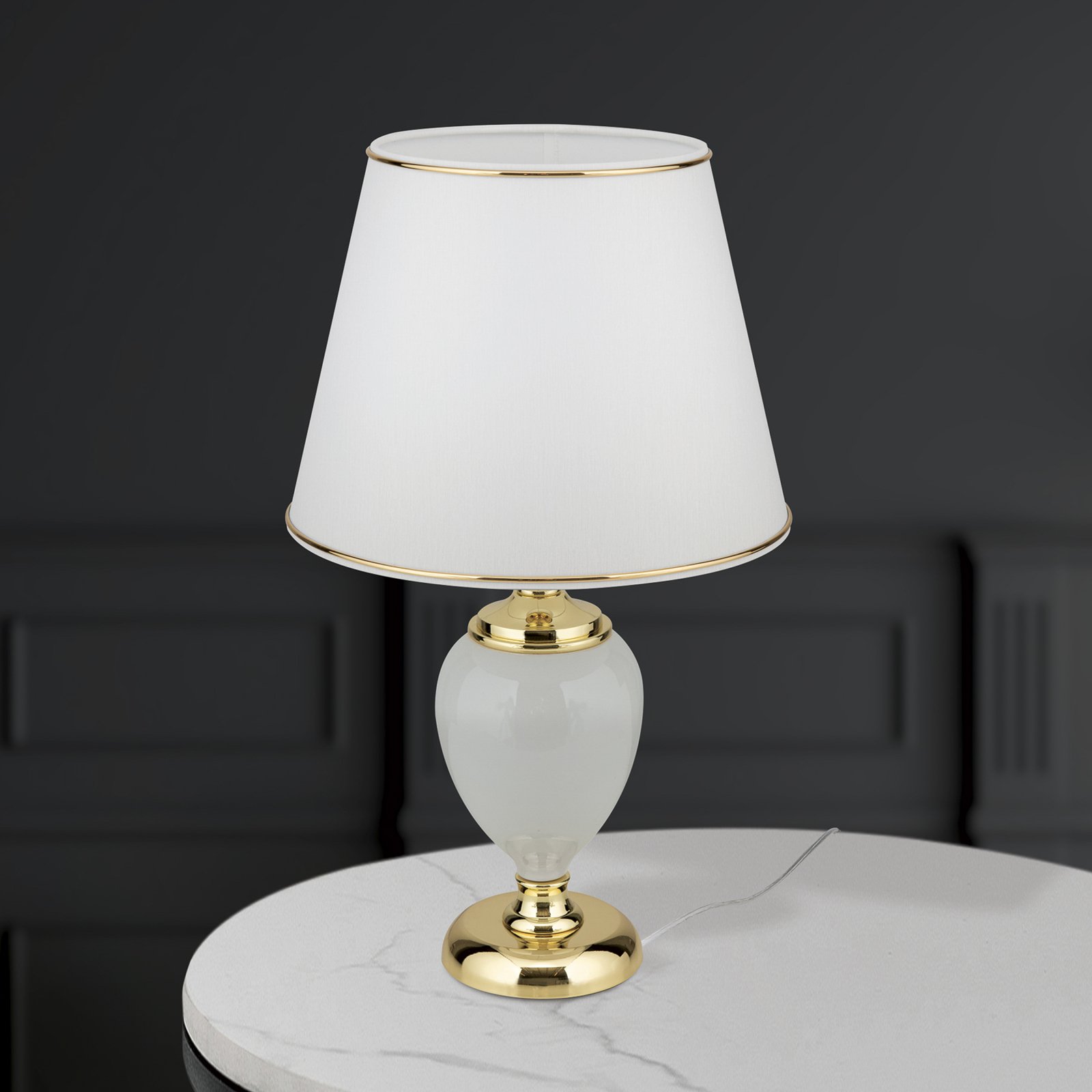 Ovum table lamp, white/gold-coloured, height 48 cm, ceramic/chintz