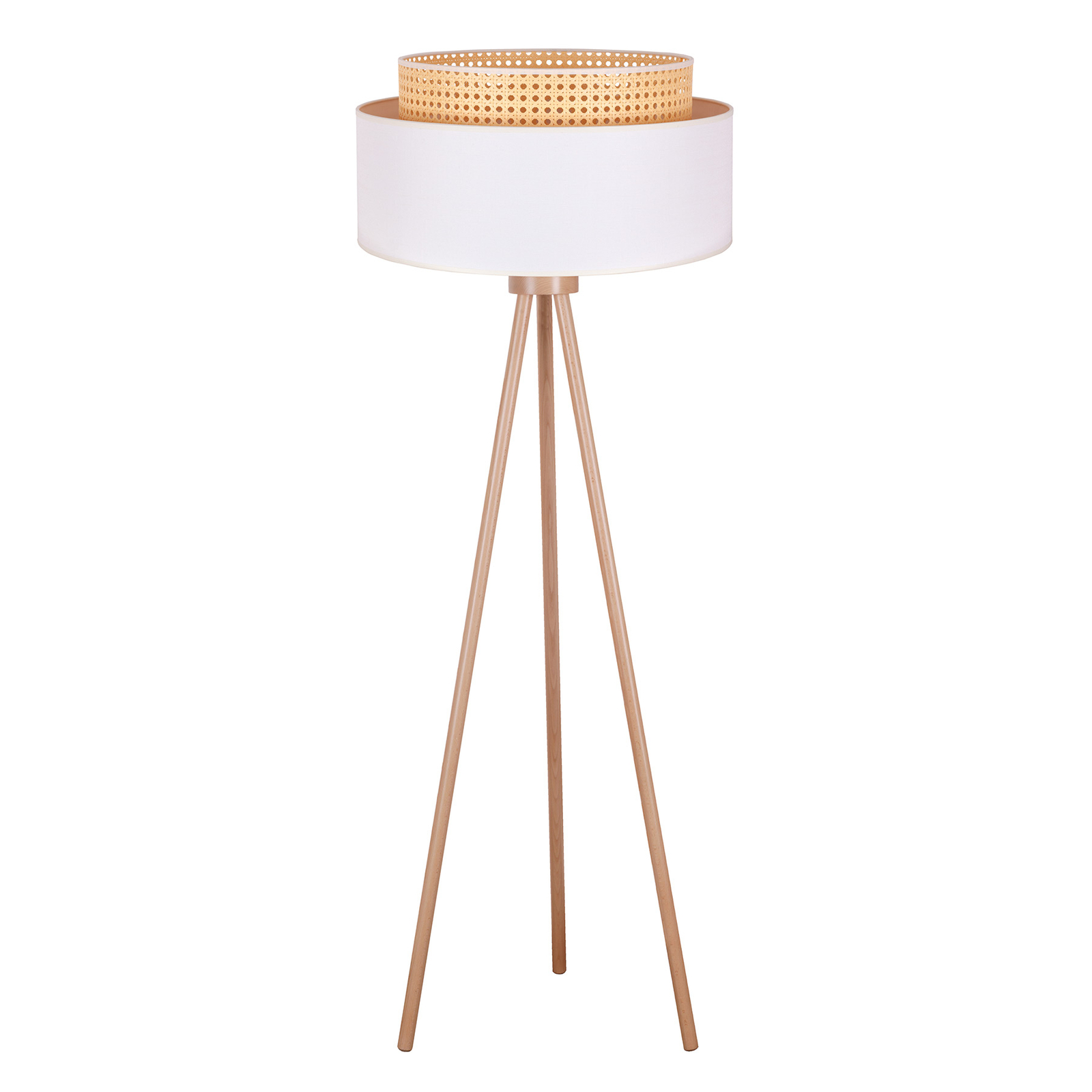 Vloerlamp Boho, driebeen crème-wit/rotan