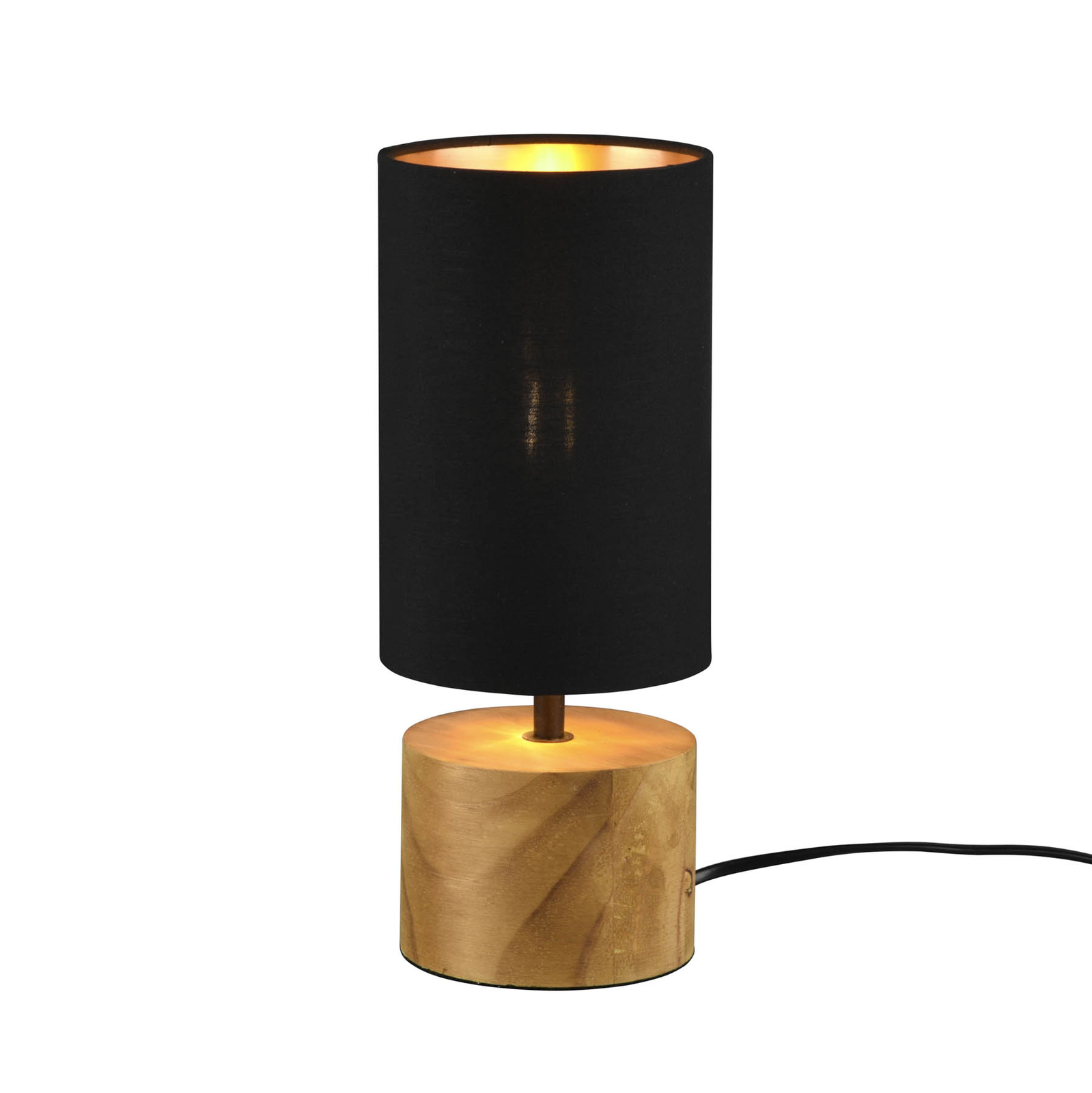 Настолна лампа Woody, дърво/текстил, цилиндър, черна