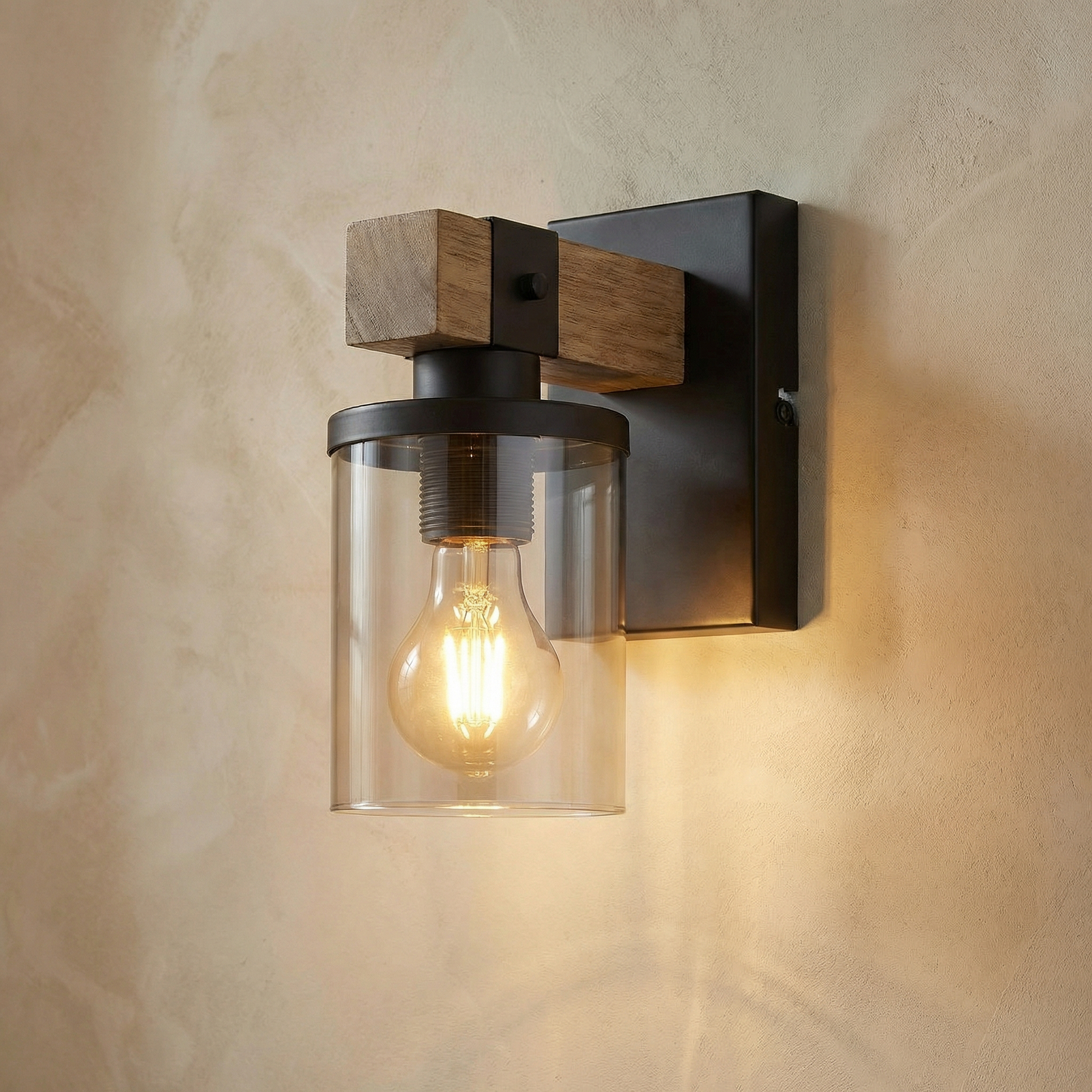 Lila wall light wooden arm and glass lampshade