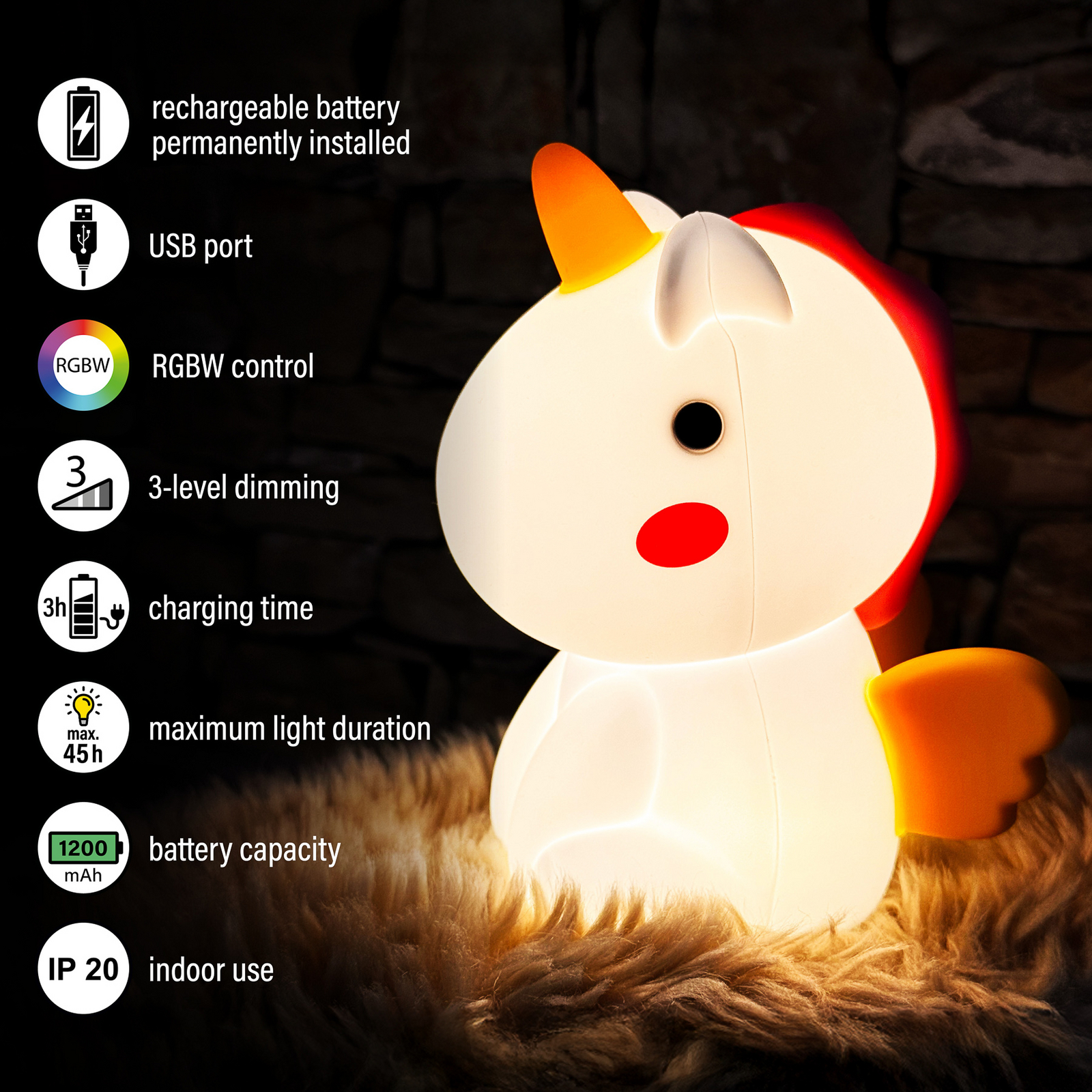 LED-Akku-Nachttischlampe Unicorno, Einhorn, RGB, dimmbar