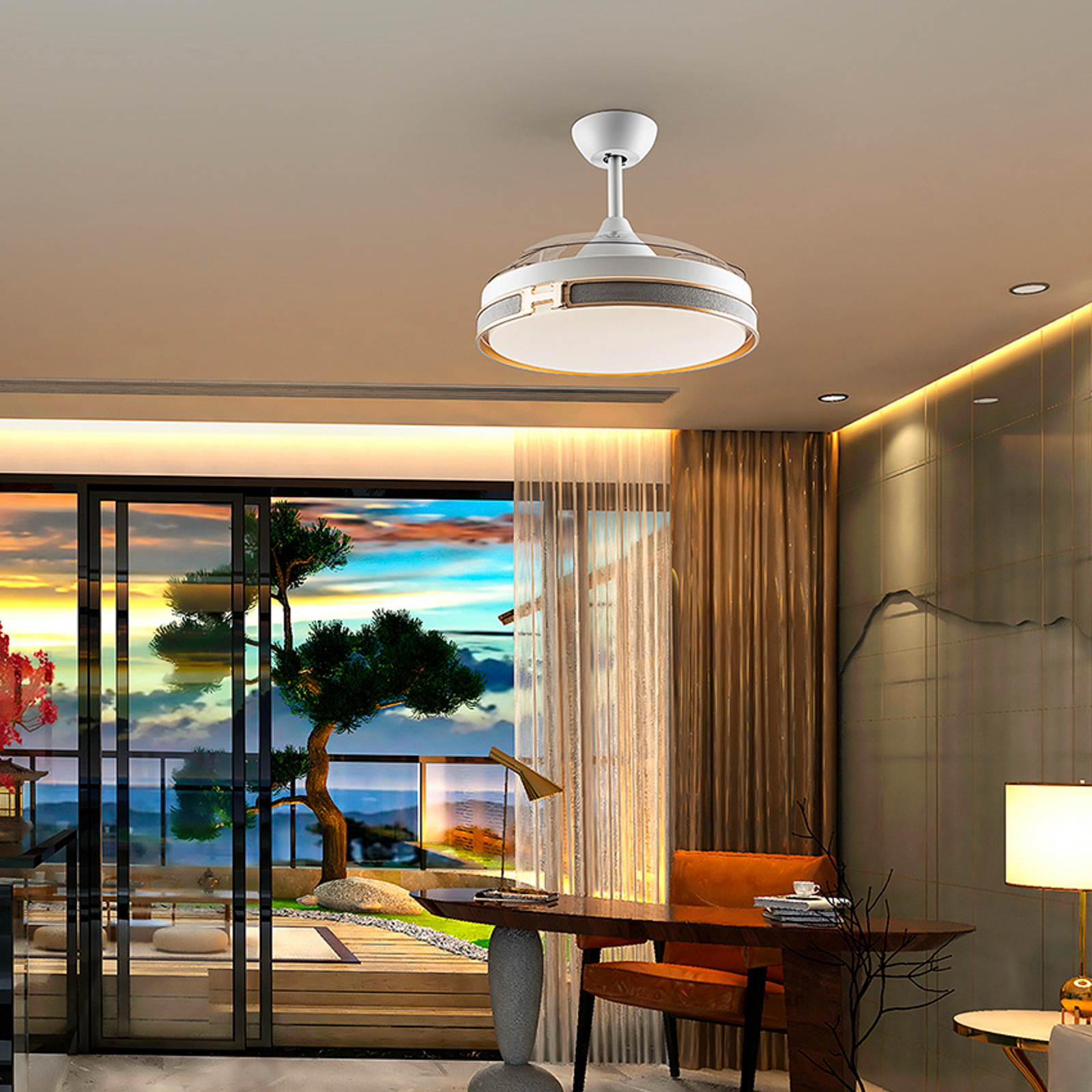 LED stropni ventilator Herón bel/zlato/siv/prozoren Ø106 cm tih