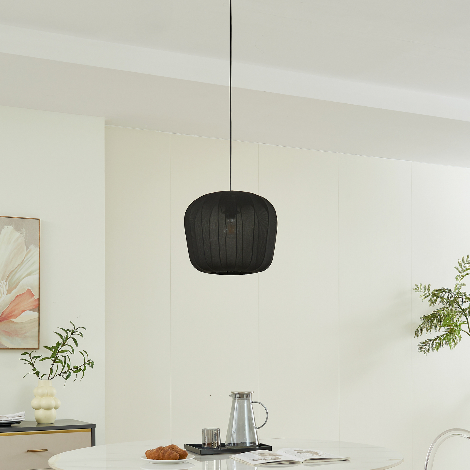 Lampă suspendată Lindby Helin, negru, Ø 35 cm, țesătură