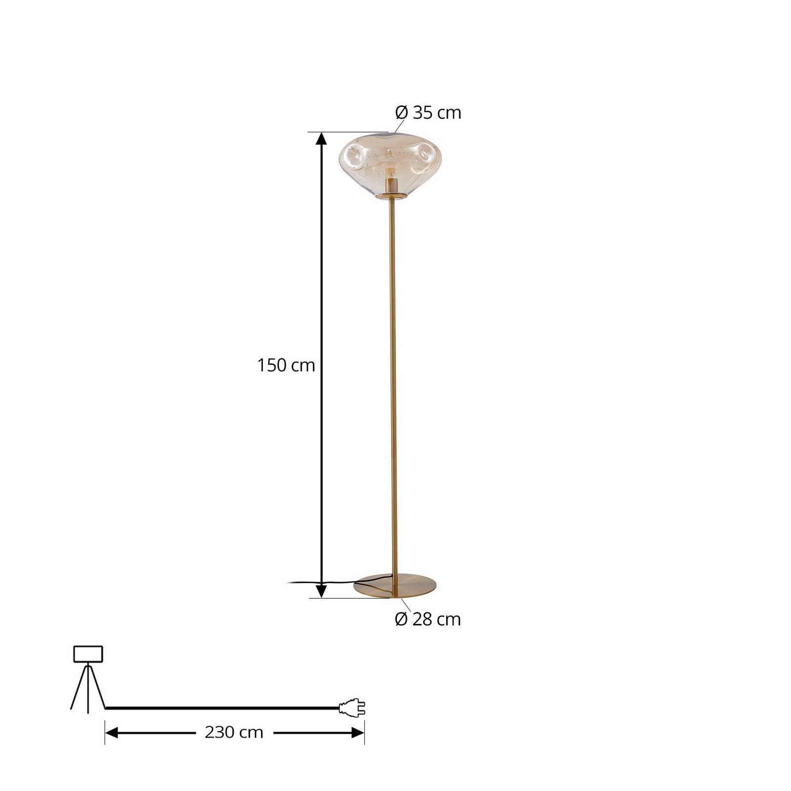 Lampa stojąca Lindby Lelia, bursztyn, szkło, metal, 150 cm
