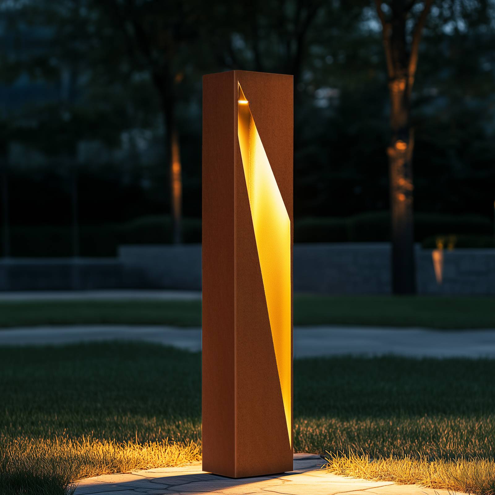 Lucande Słupek oświetleniowy LED CUT, 100 cm, metal, rdza/złoto, IP65