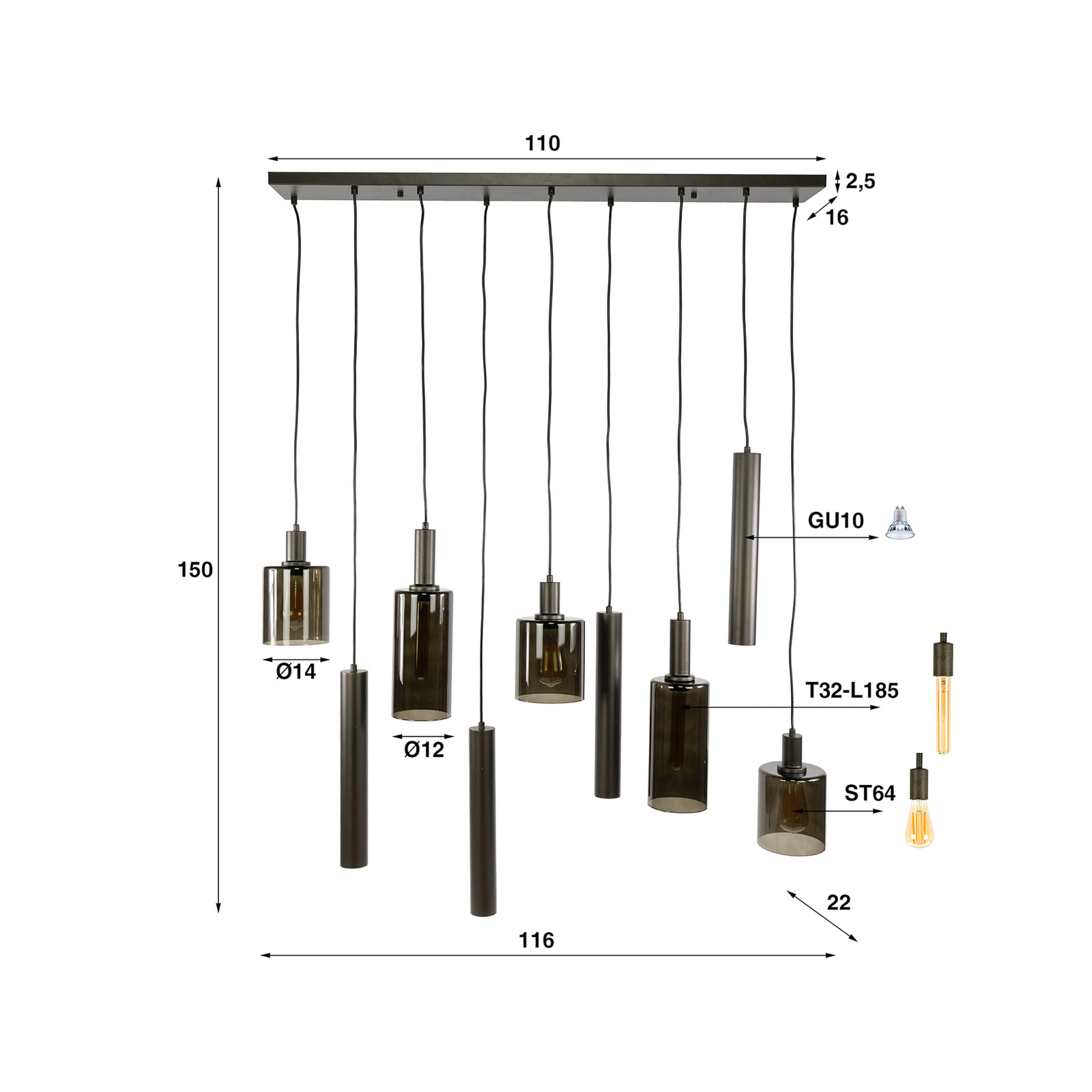 Pendelleuchte Sepiora, braun, Glas, 9-flammig, E27/GU10