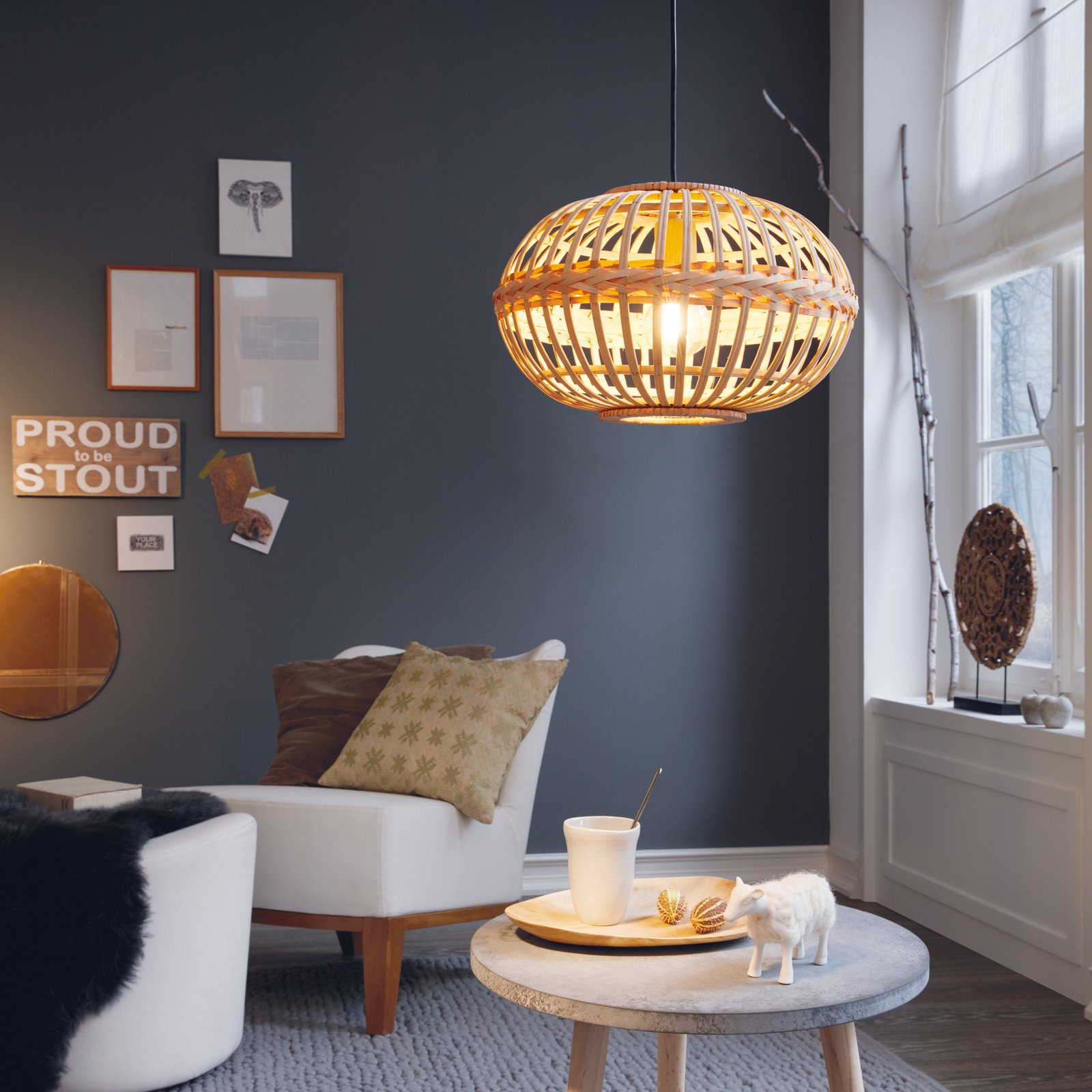 Lampa wisząca Amsfield z bambusa, owalny kształt Lampa wisząca Amsfield z bambusa, owalny kształt