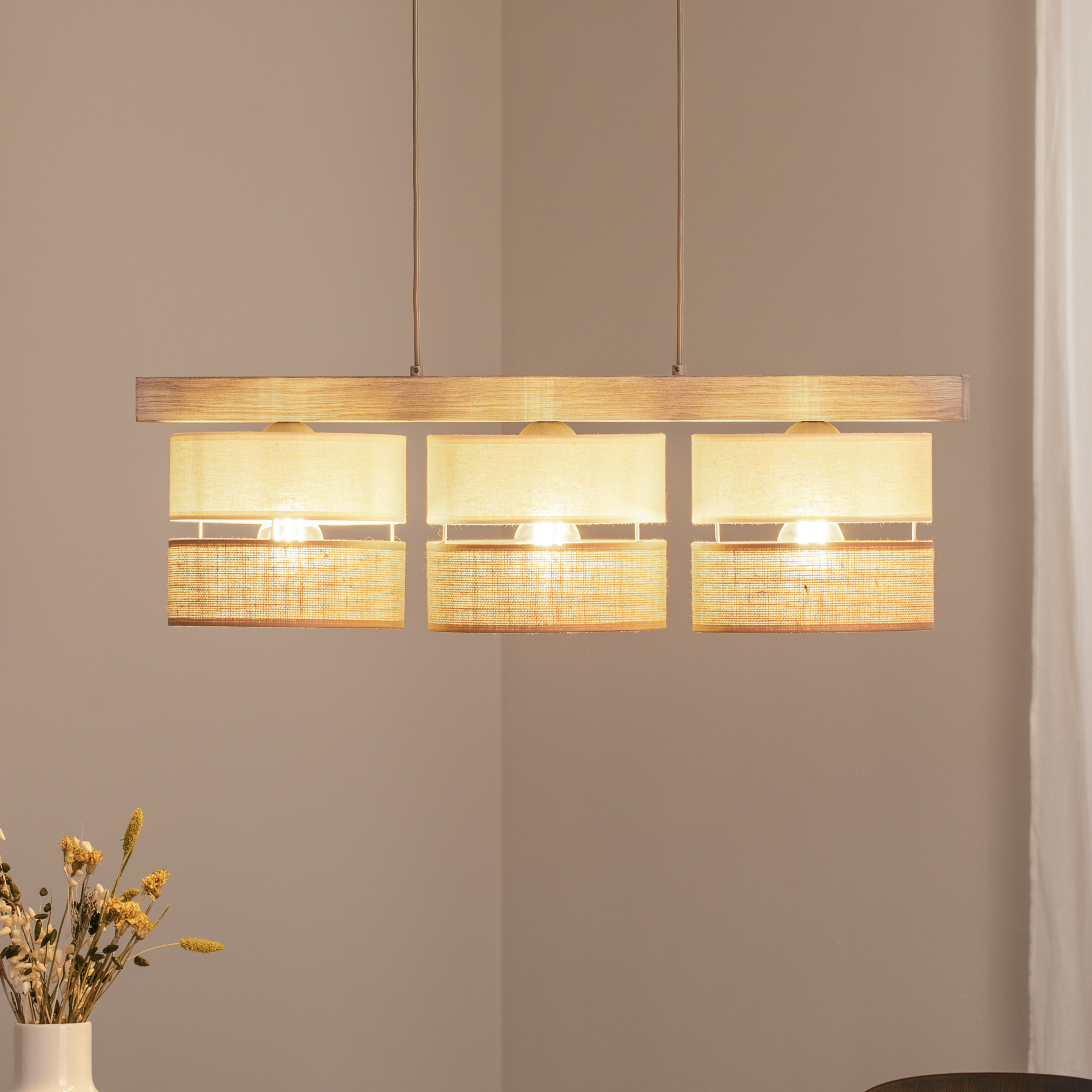 Závesné svietidlo Treeon, 3-pl., drevo, juta, prírodná farba/ecru