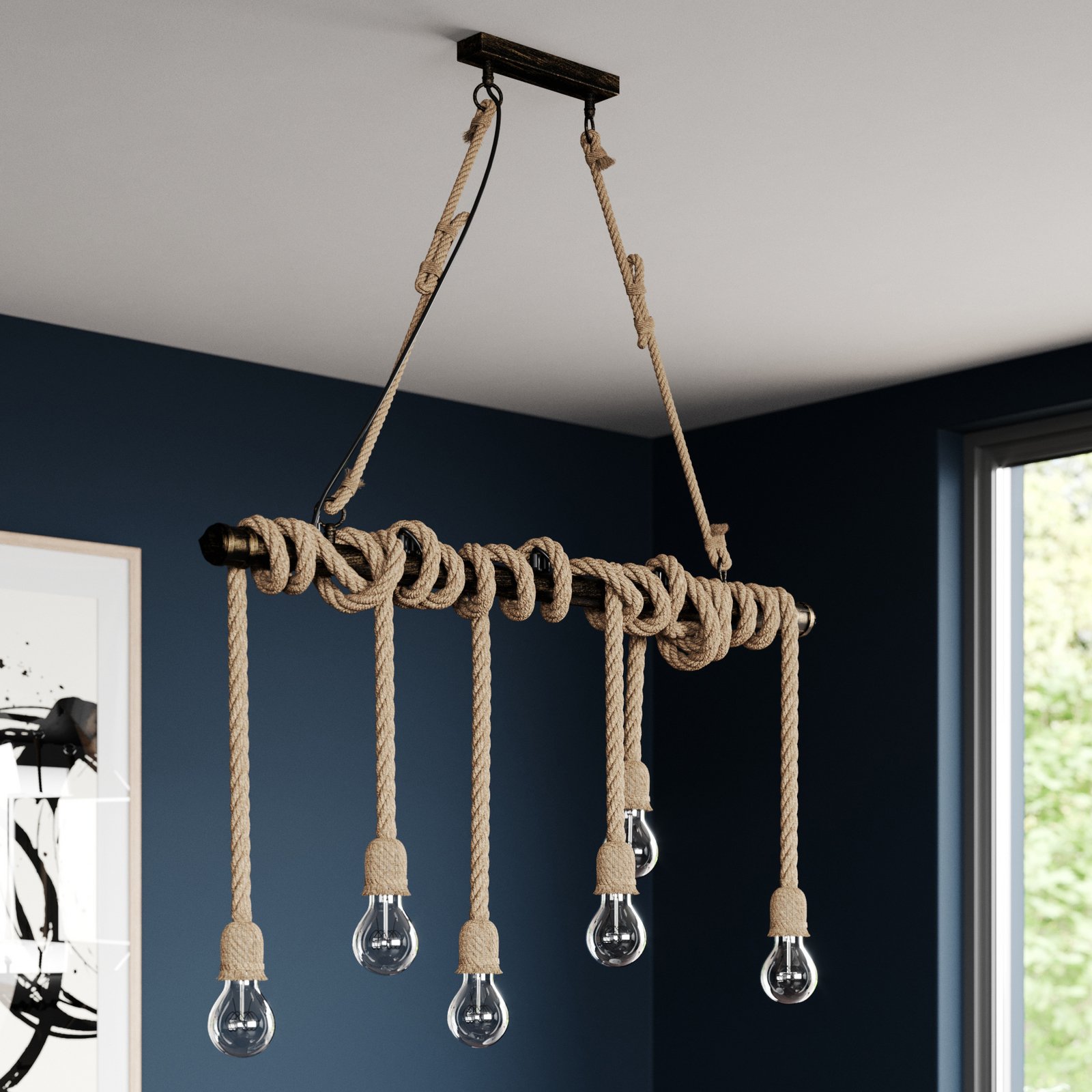 Lindby Hajo pendant light, sixbulb, rope cord Lights.co.uk