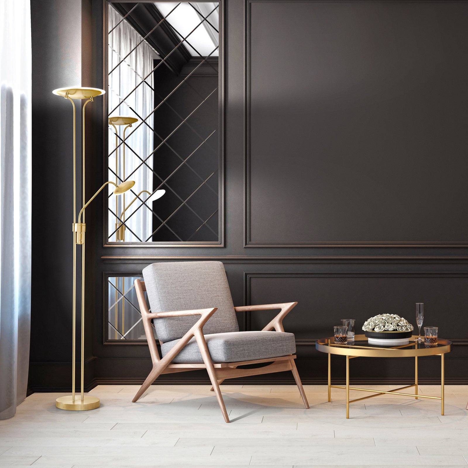 Tallri brass LED floor lamp, height 180 cm, 2-bulb, CCT touch dimmer