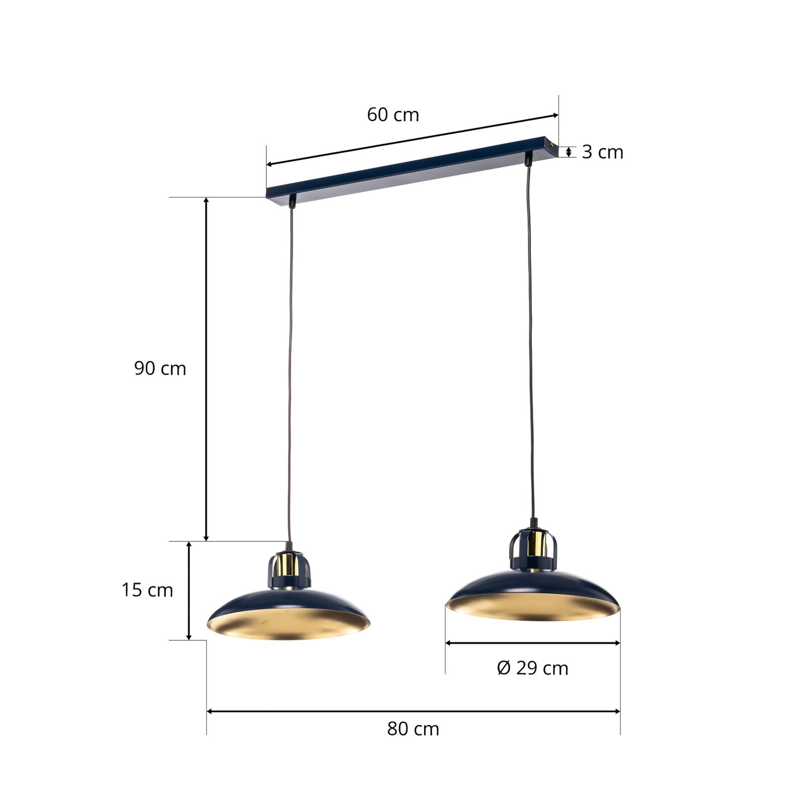 Lámpara colgante Felix, azul/oro, 2 luz