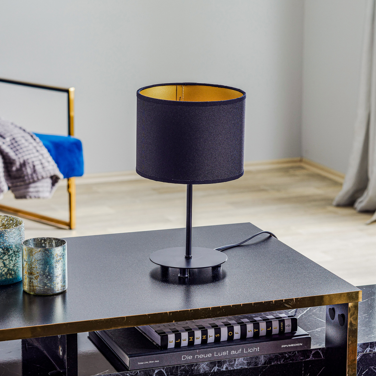 Lámpara de mesa Roller, negro/oro, altura 30 cm