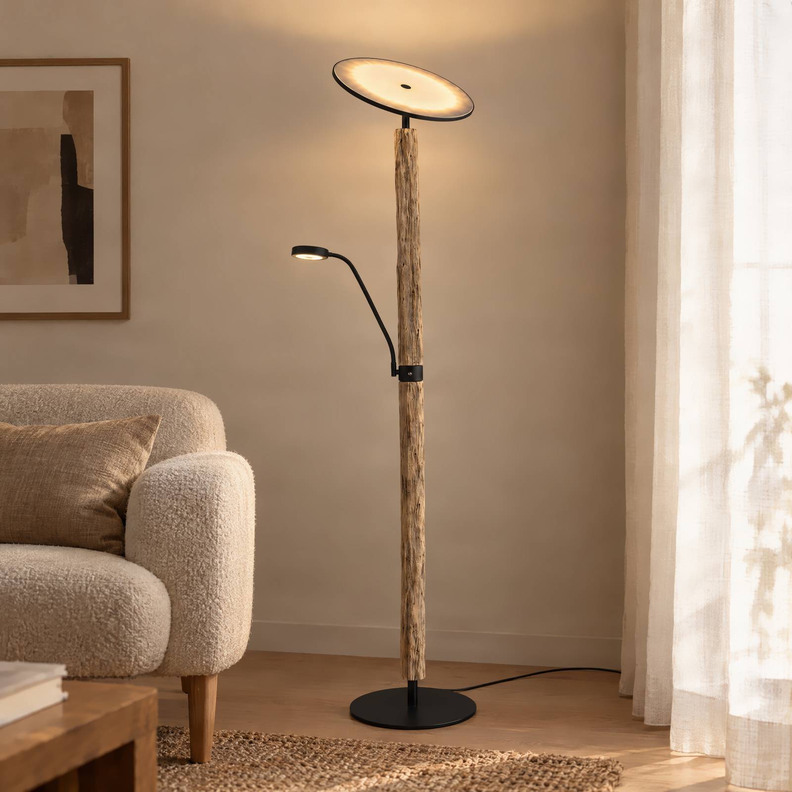 Lampa stojąca LED Lucande Woodland, 180 cm, drewno, lampka do czytania