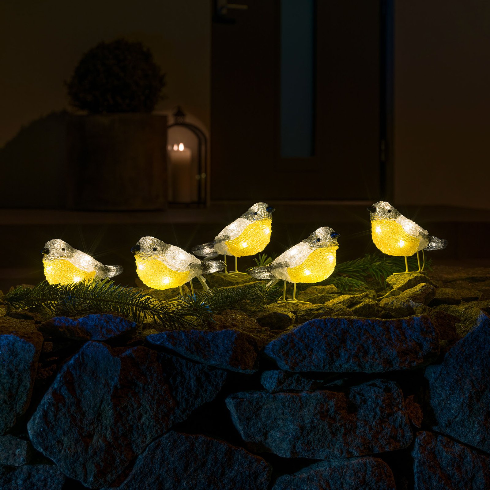 LED-belyste fuglefigurer til udendørs brug, sæt med 5 stk