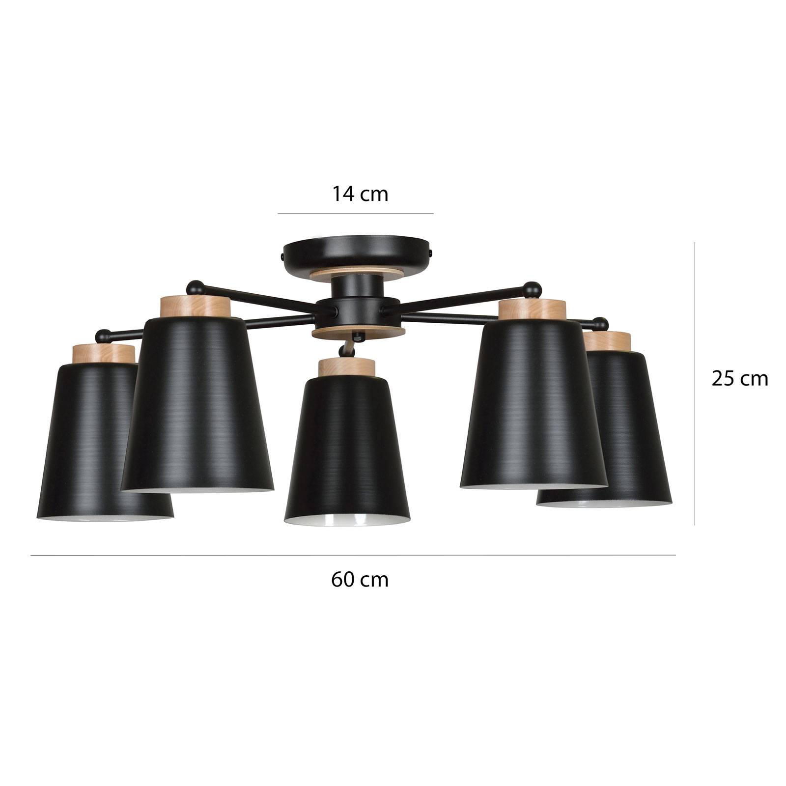 Lampa sufitowa Periot z drewnem, 5-pkt., czarna