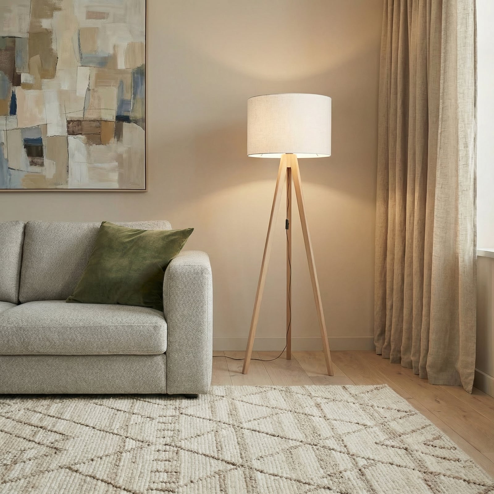 Grand floor lamp, cream/pine, height 145 cm, E27