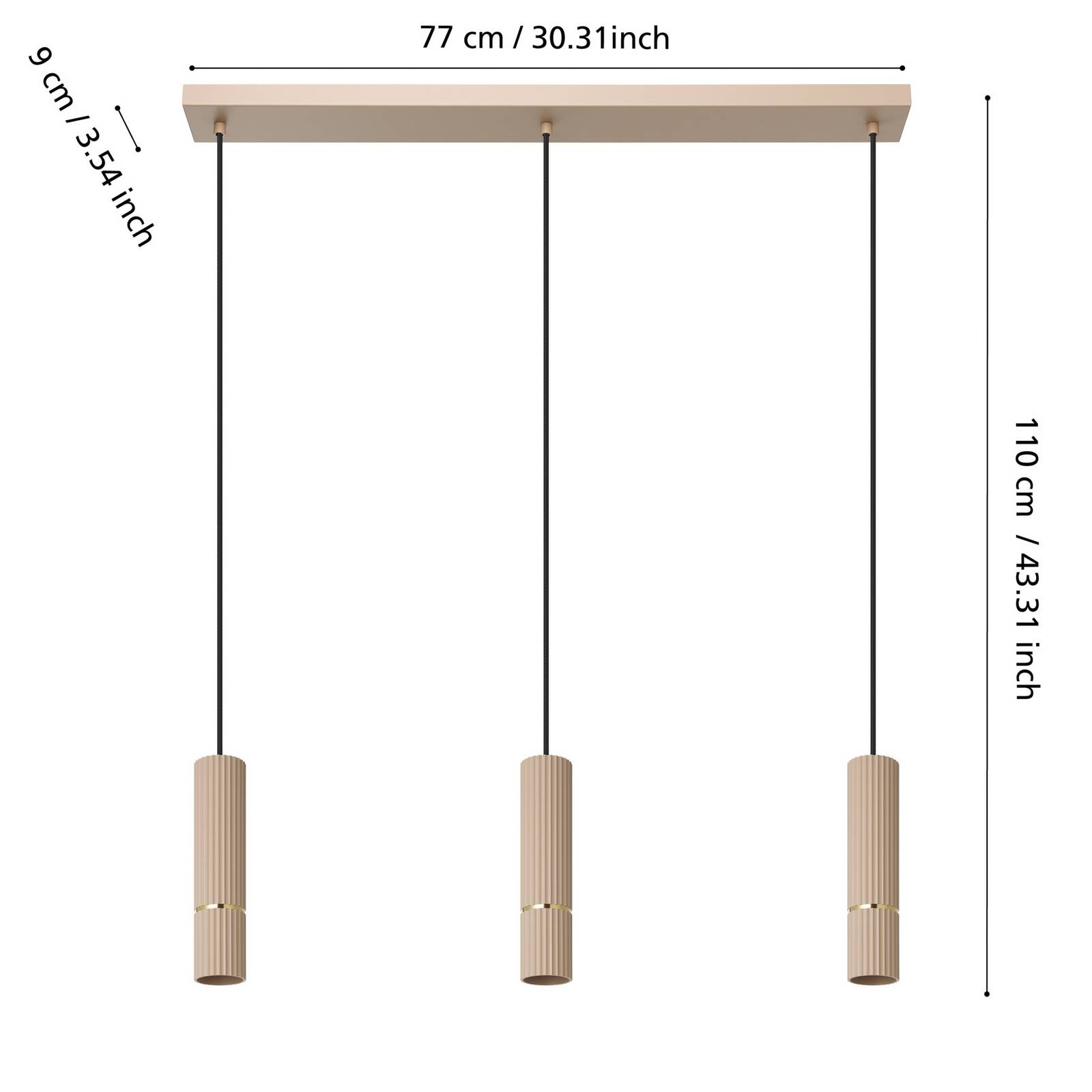 Lampa wisząca Caminia, kolor piaskowy, długość 77 cm, stal, 3-punktowa.