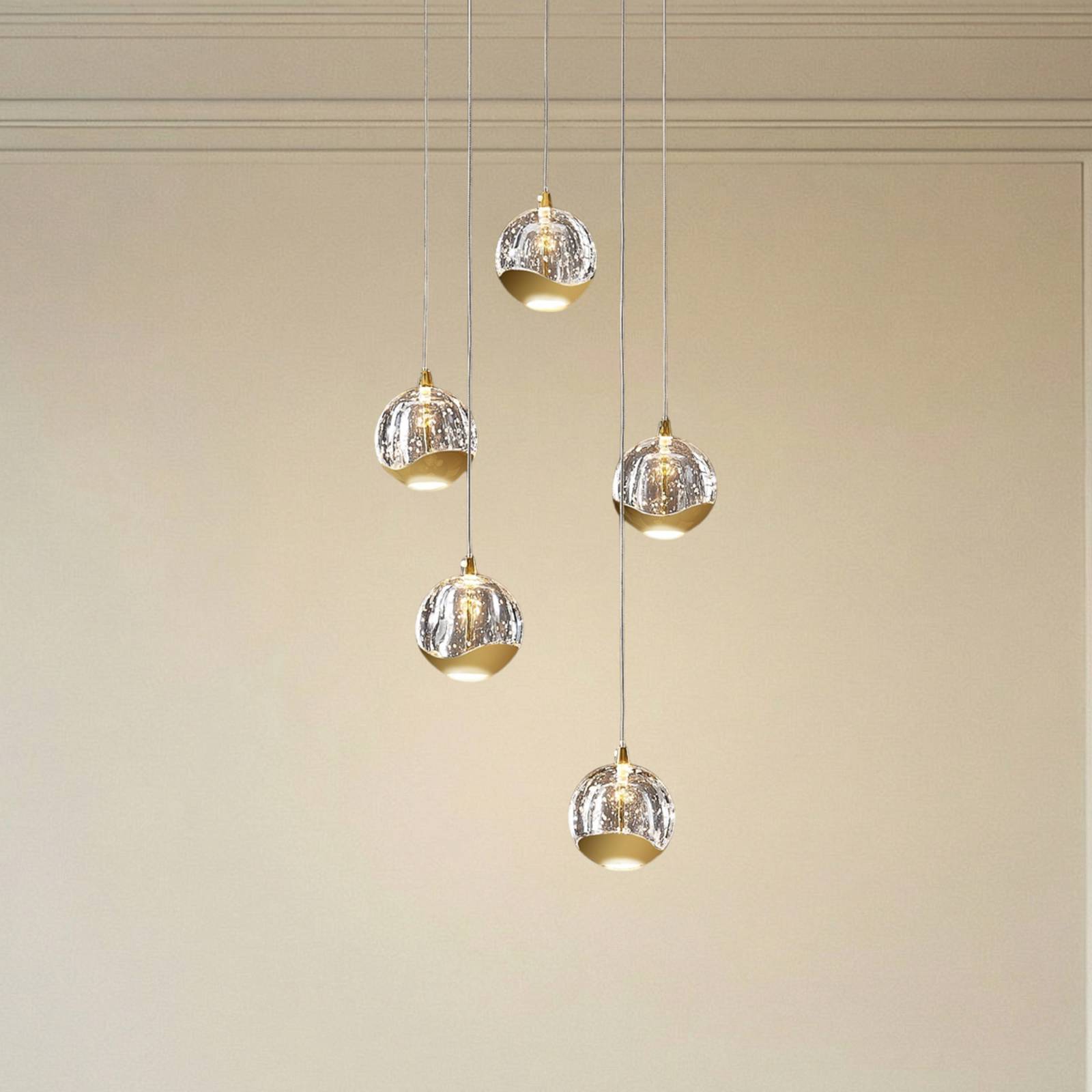 Lucande Suspension LED Hayley, Ø 30 cm, 5 lampes, or, verre