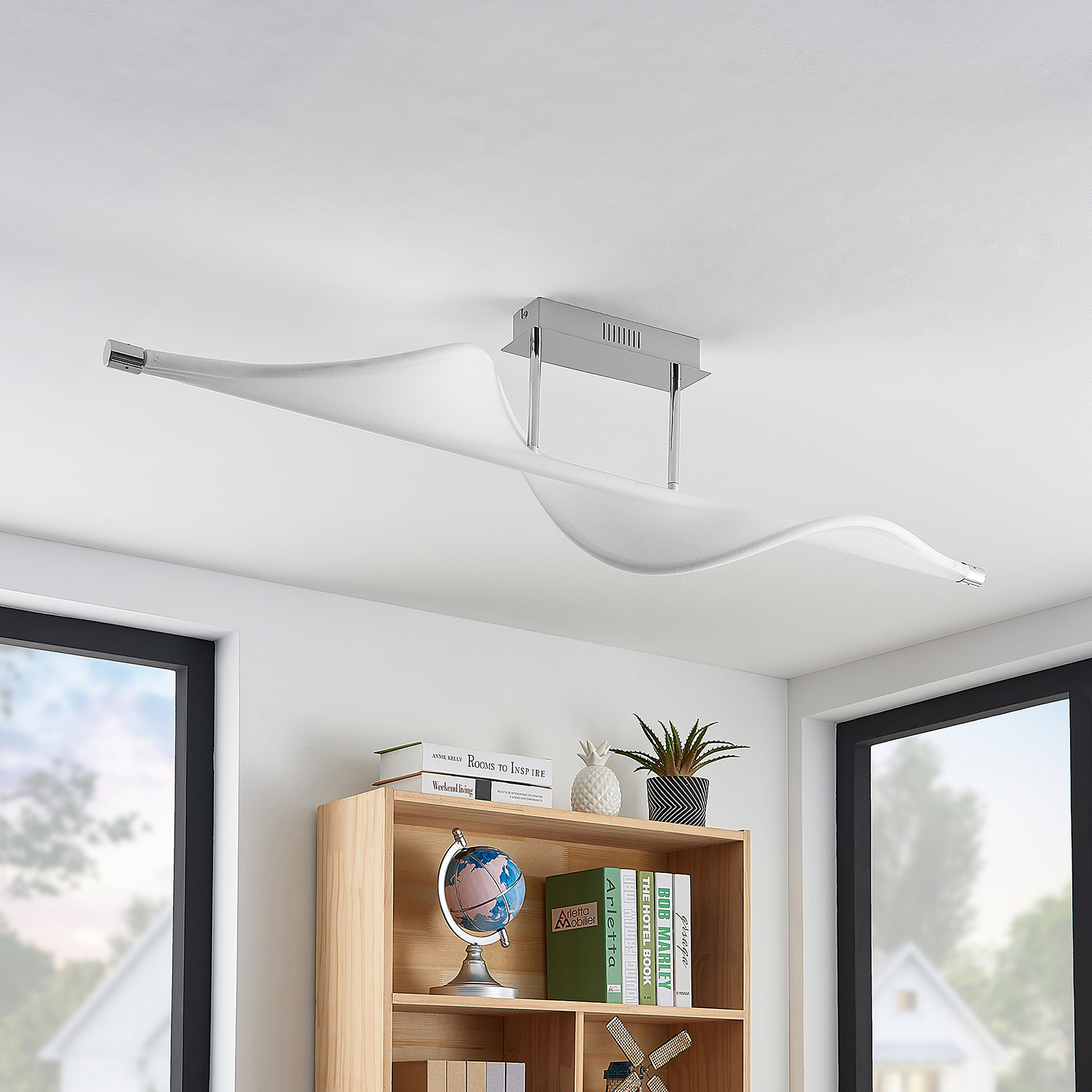 Lucande Edano LED ceiling lamp, dimmable, for Living / Dining Room, aluminium, fabric, 24 W, energy efficiency: A+, L: 122 cm, W: 22 cm, H: 30 cm