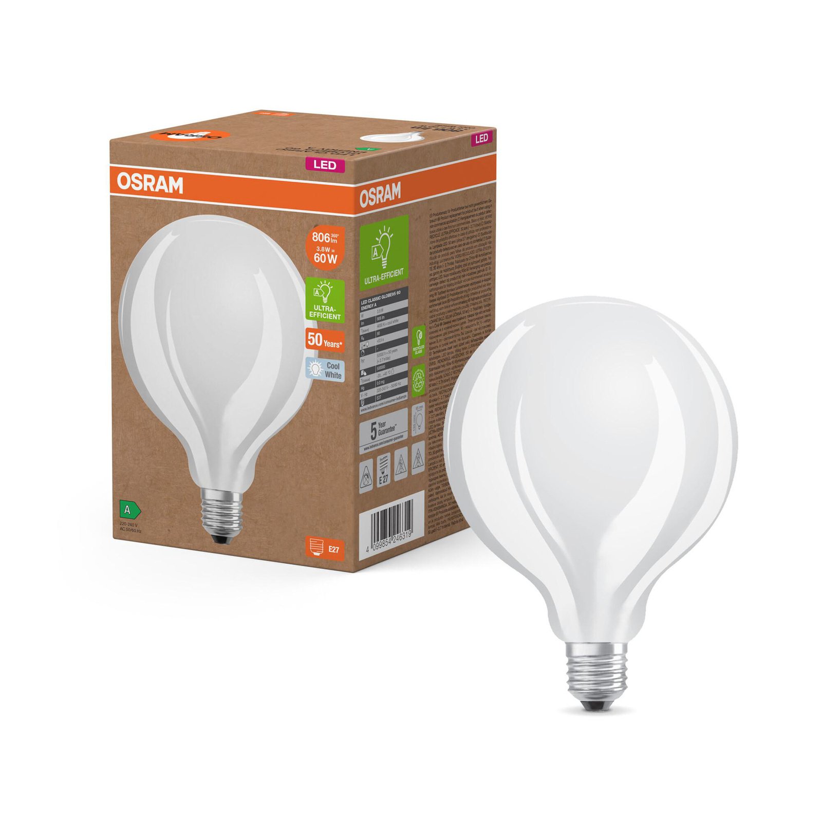 OSRAM ampoule LED Globe G95 E27 3,8W mat 4.000K