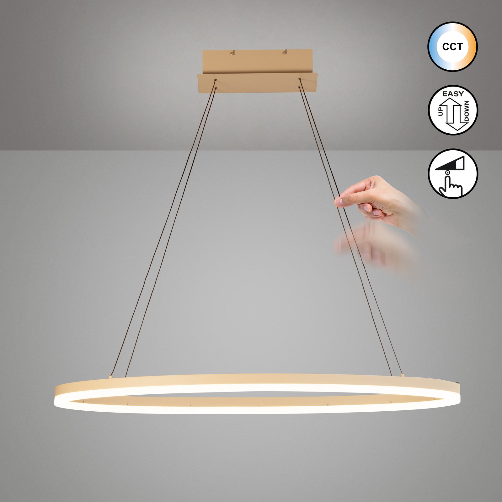 Żyrandol LED Silvio, długość 100 cm, kolor piaskowy, metal, CCT